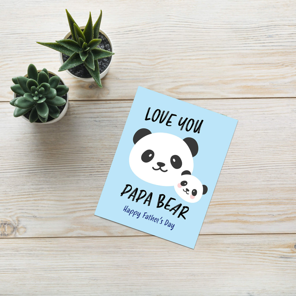cute Father's Day card with panda bear animal illustration and funny text "you love papa bear" on a light blue background
