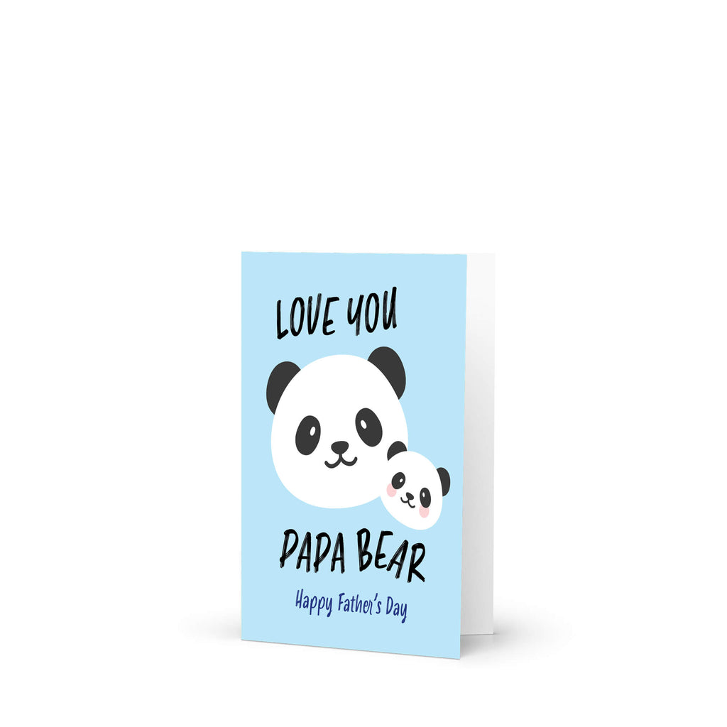 cute Father's Day card with panda bear animal illustration and funny text "you love papa bear" on a light blue background