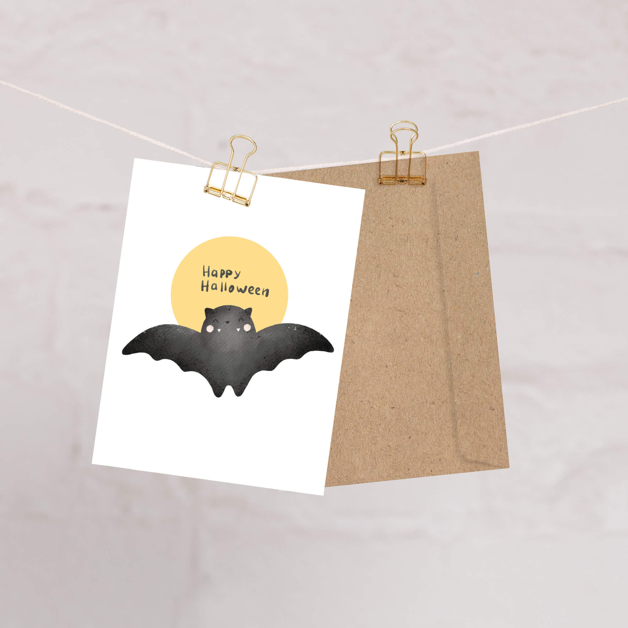 cute Halloween card with a bat and 'Happy Halloween' text on a yellow circle