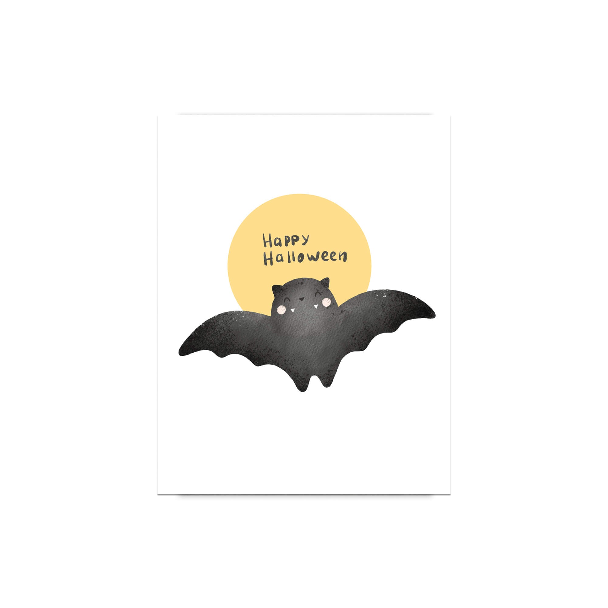 cute Halloween card with a bat and 'Happy Halloween' text on a yellow circle