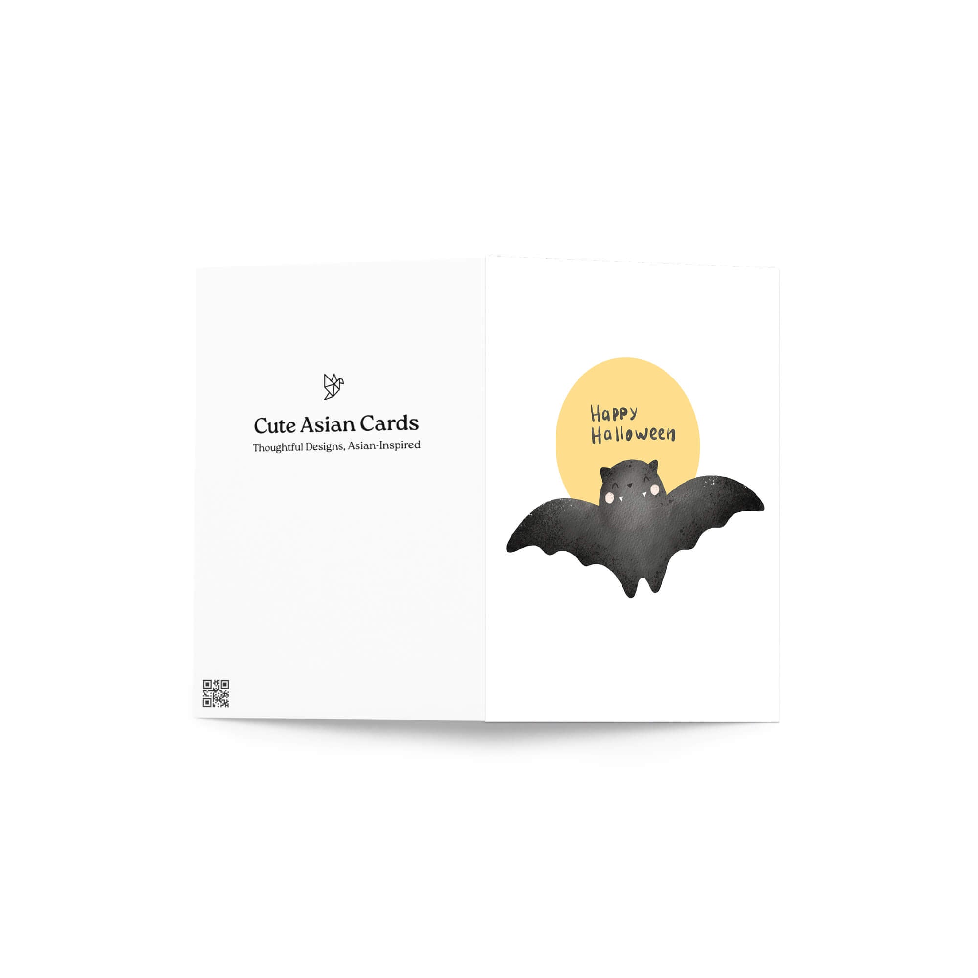 cute Halloween card with a bat and 'Happy Halloween' text on a yellow moon