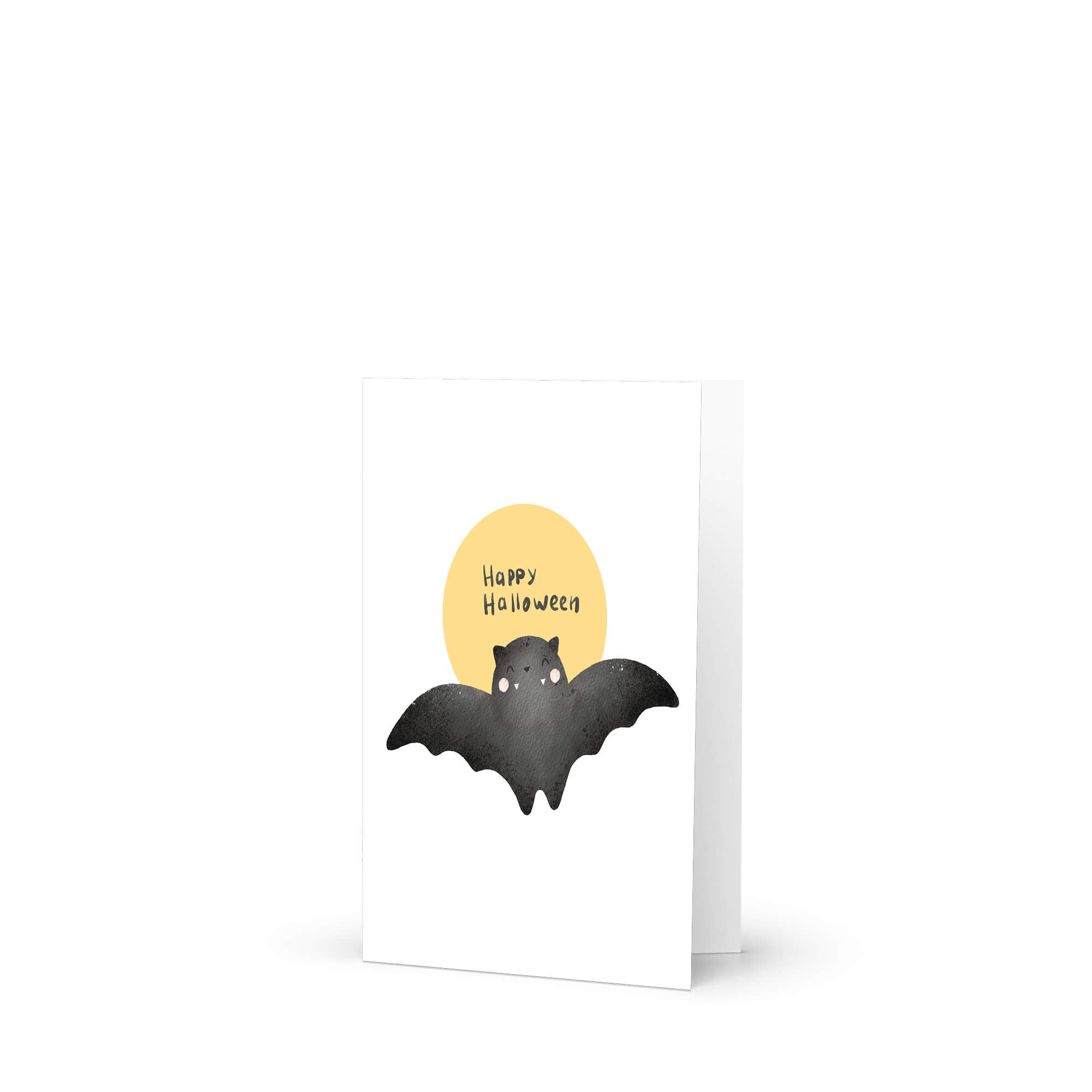 cute Halloween card with a bat and 'Happy Halloween' text on a yellow moon
