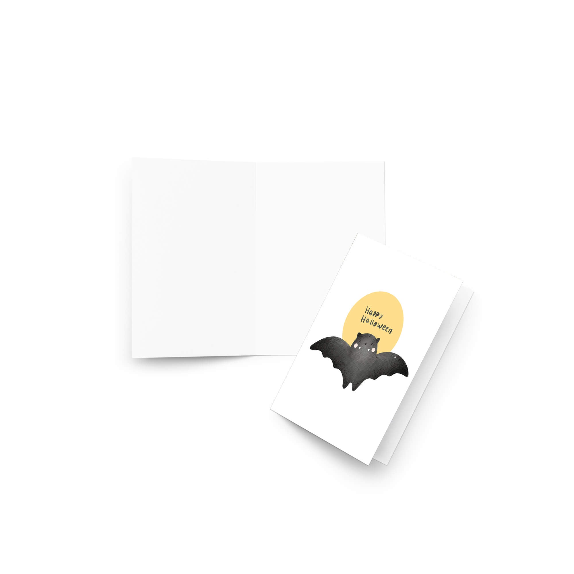 cute Halloween card with a bat and 'Happy Halloween' text on a yellow moon