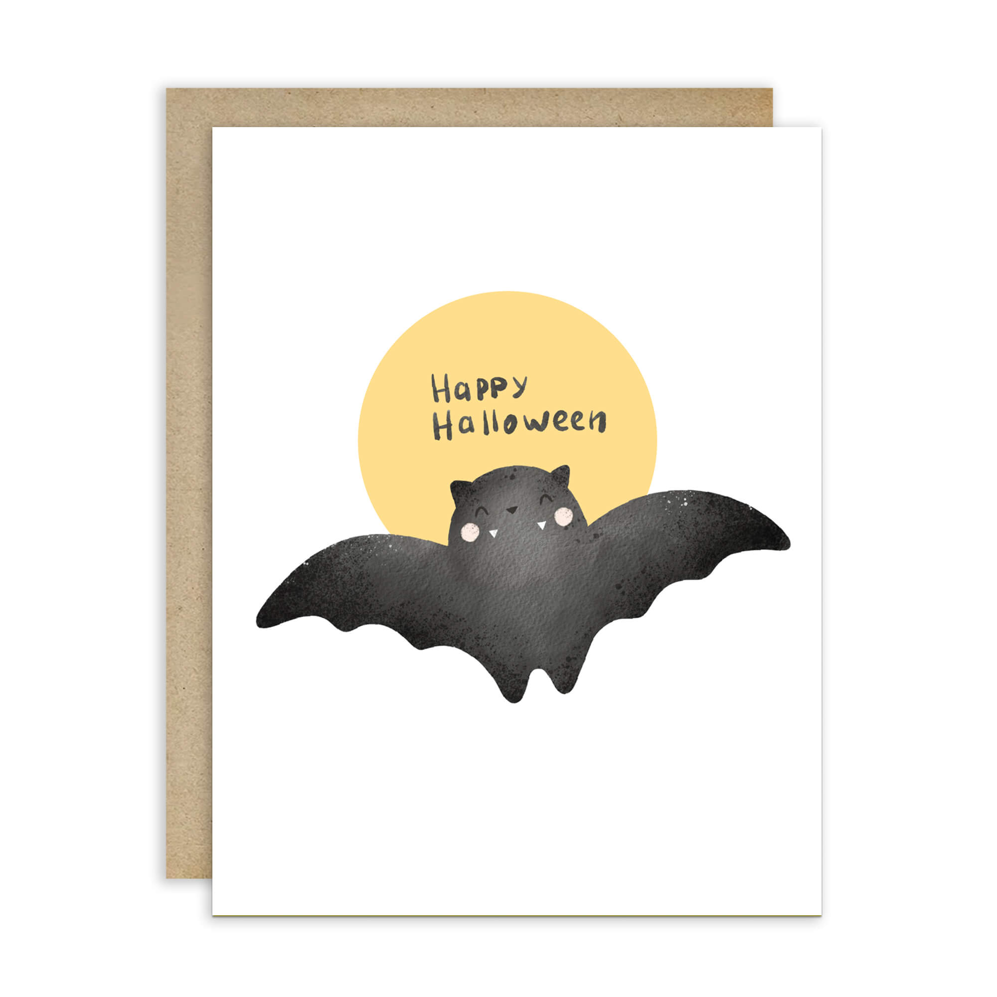 cute Halloween card with a bat and 'Happy Halloween' text on a yellow circle