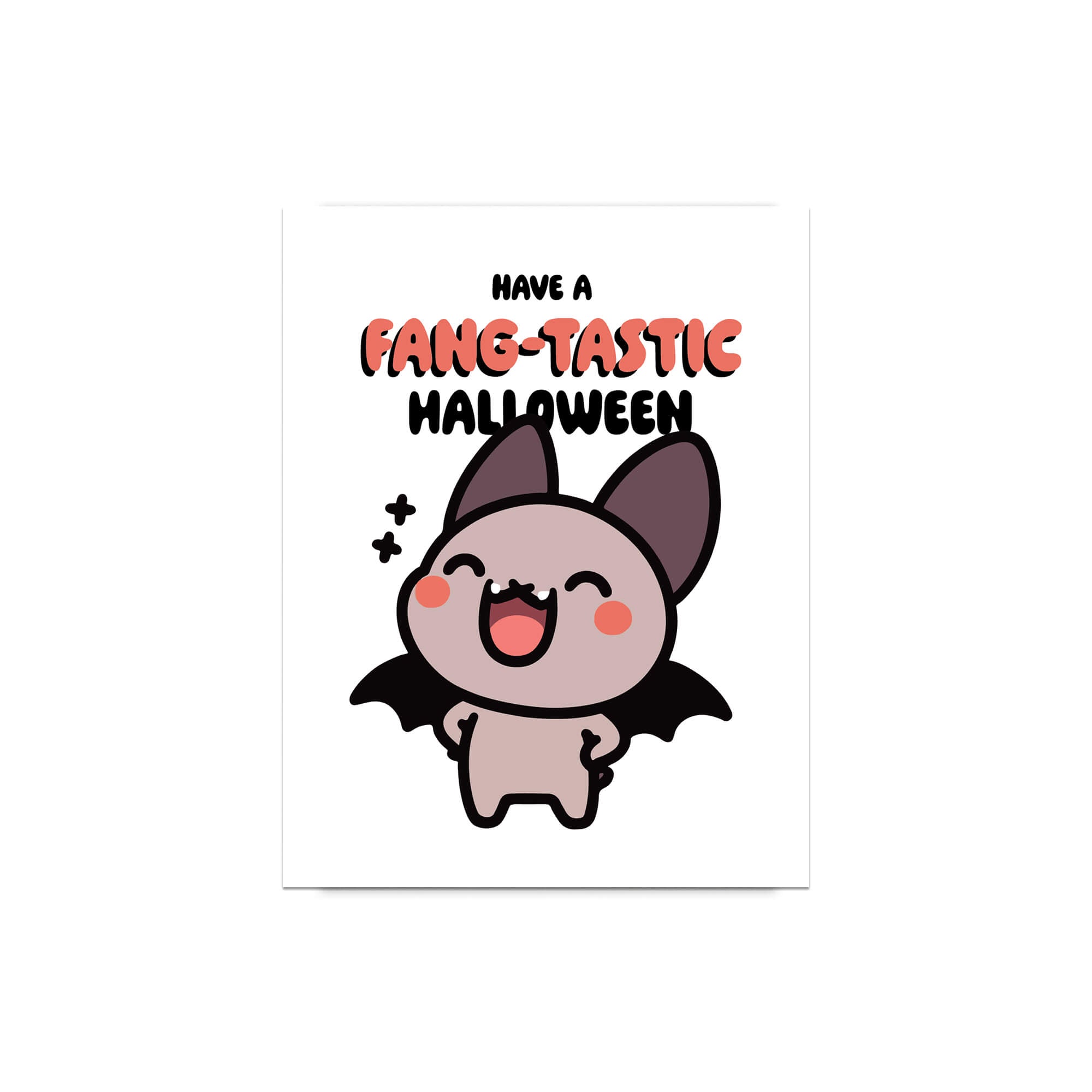 kawaii chibi Cartoon bat with 'Have a Fang-tastic Halloween' text on a white background