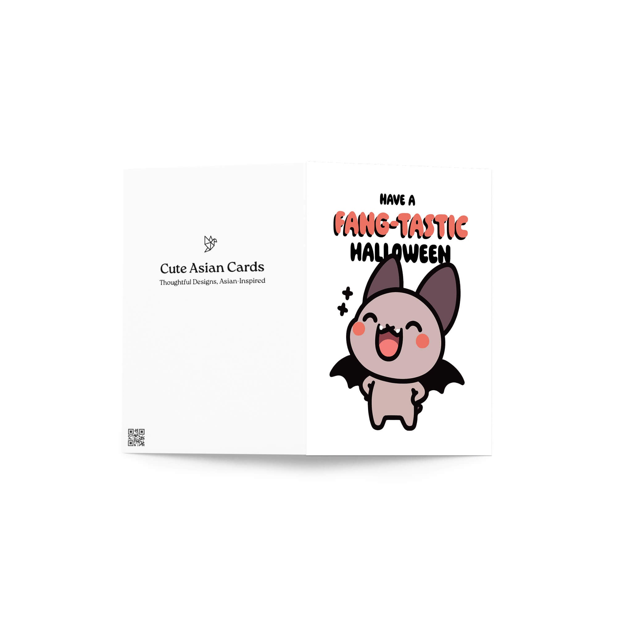 cute Halloween card with a bat illustration and text on a white background
