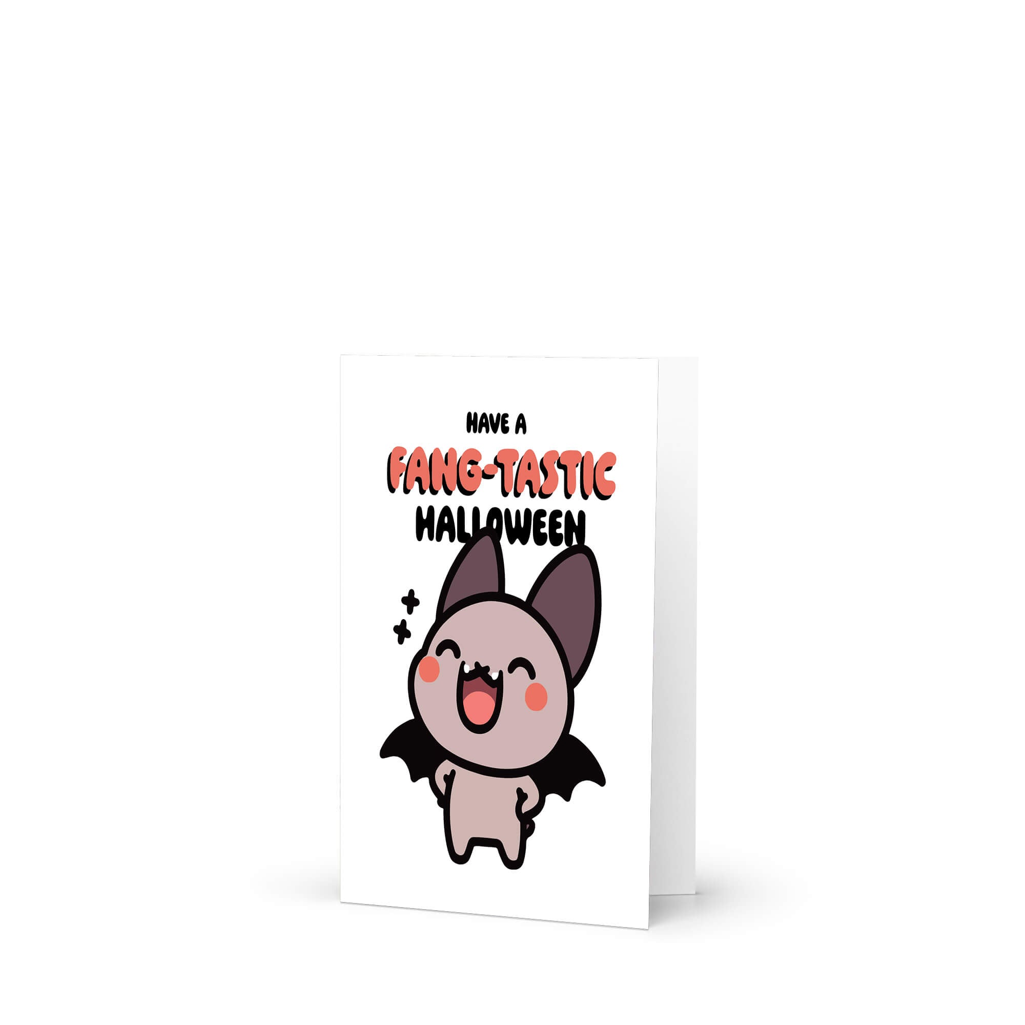 Halloween-themed greeting card with a cute bat illustration and text on a white background