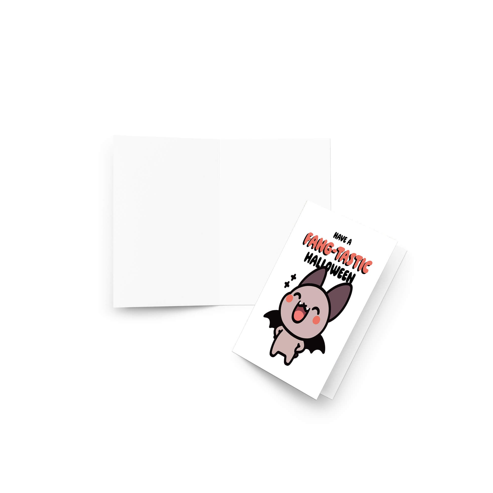 Greeting card with a cartoon bat and text on a white background