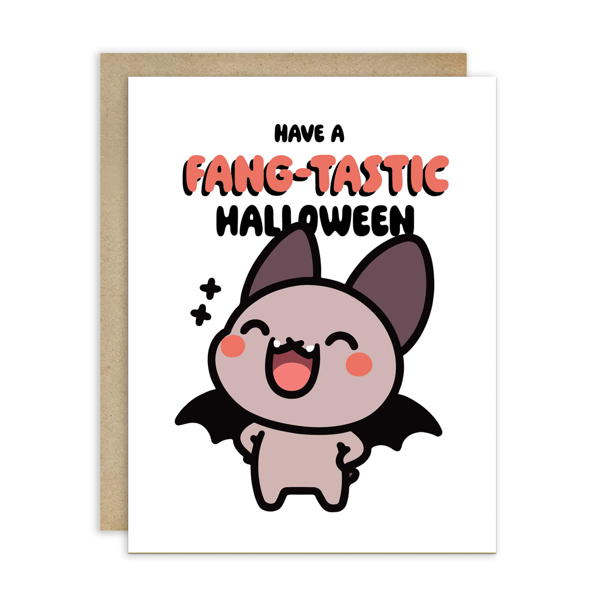 Halloween card with a cute bat illustration and text 'Have a FANG-tastic Halloween' on a white background.