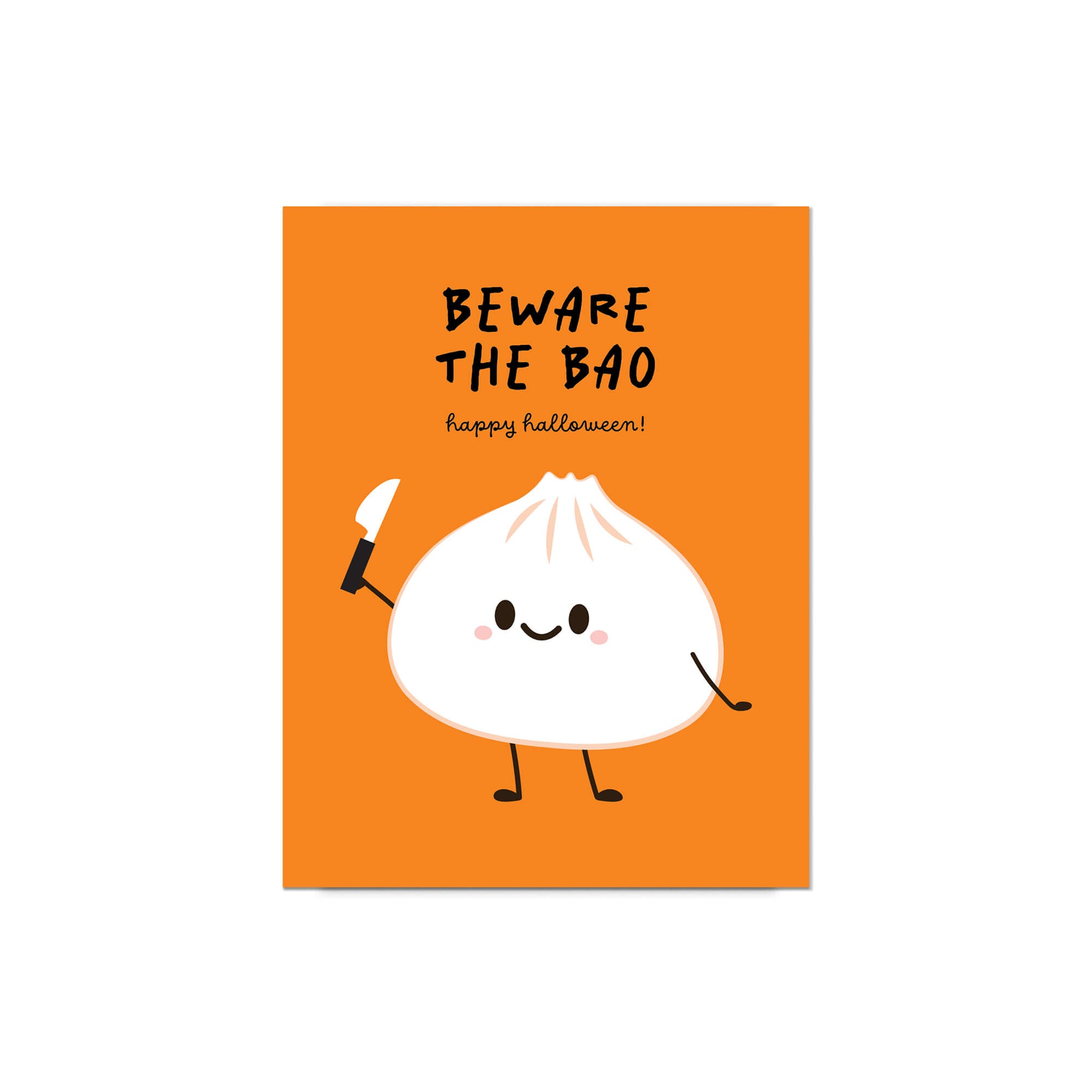 Halloween-themed card with a cartoon bao bun and text on an orange background