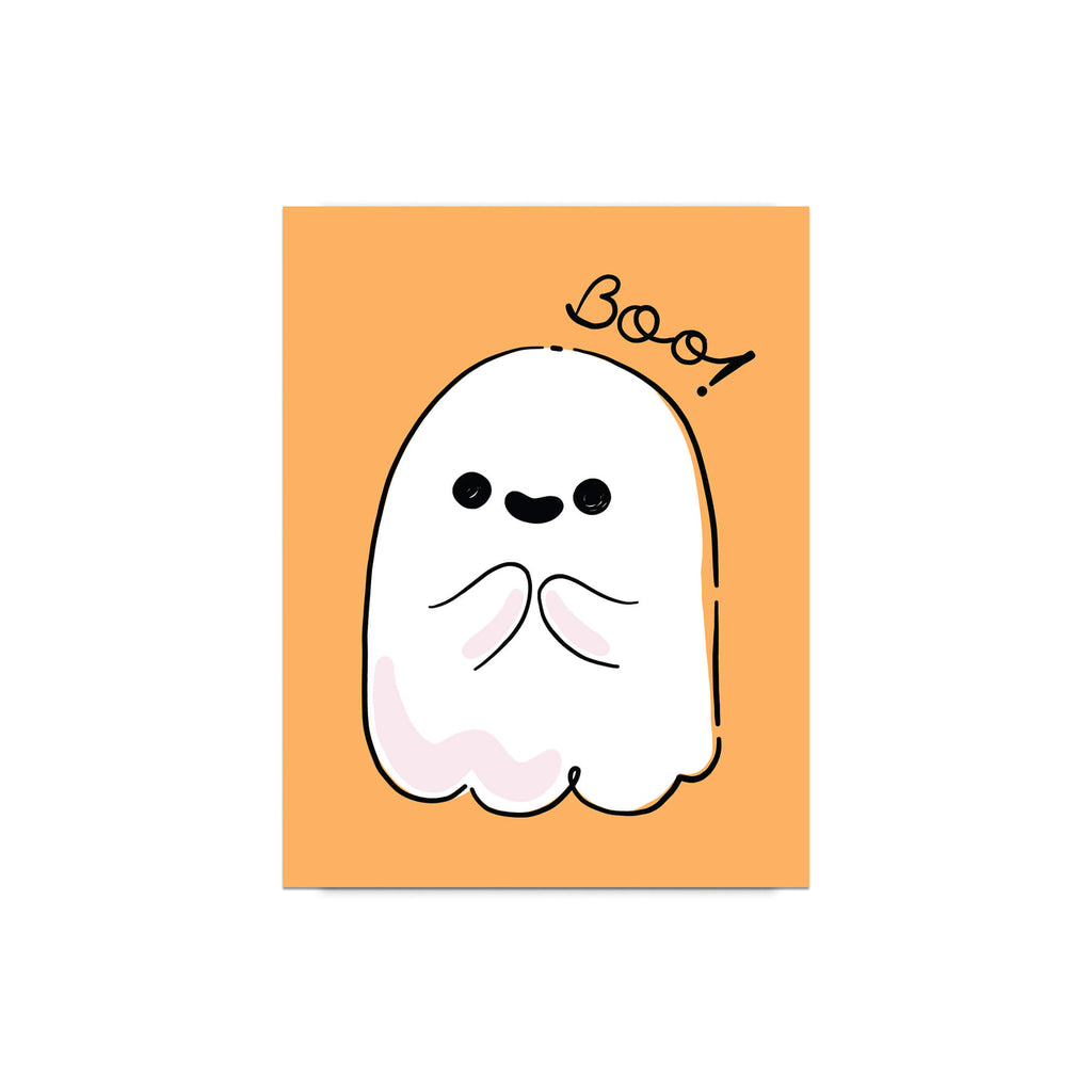 Halloween-themed card with a cute ghost illustration and 'Boo!' text on an orange background.