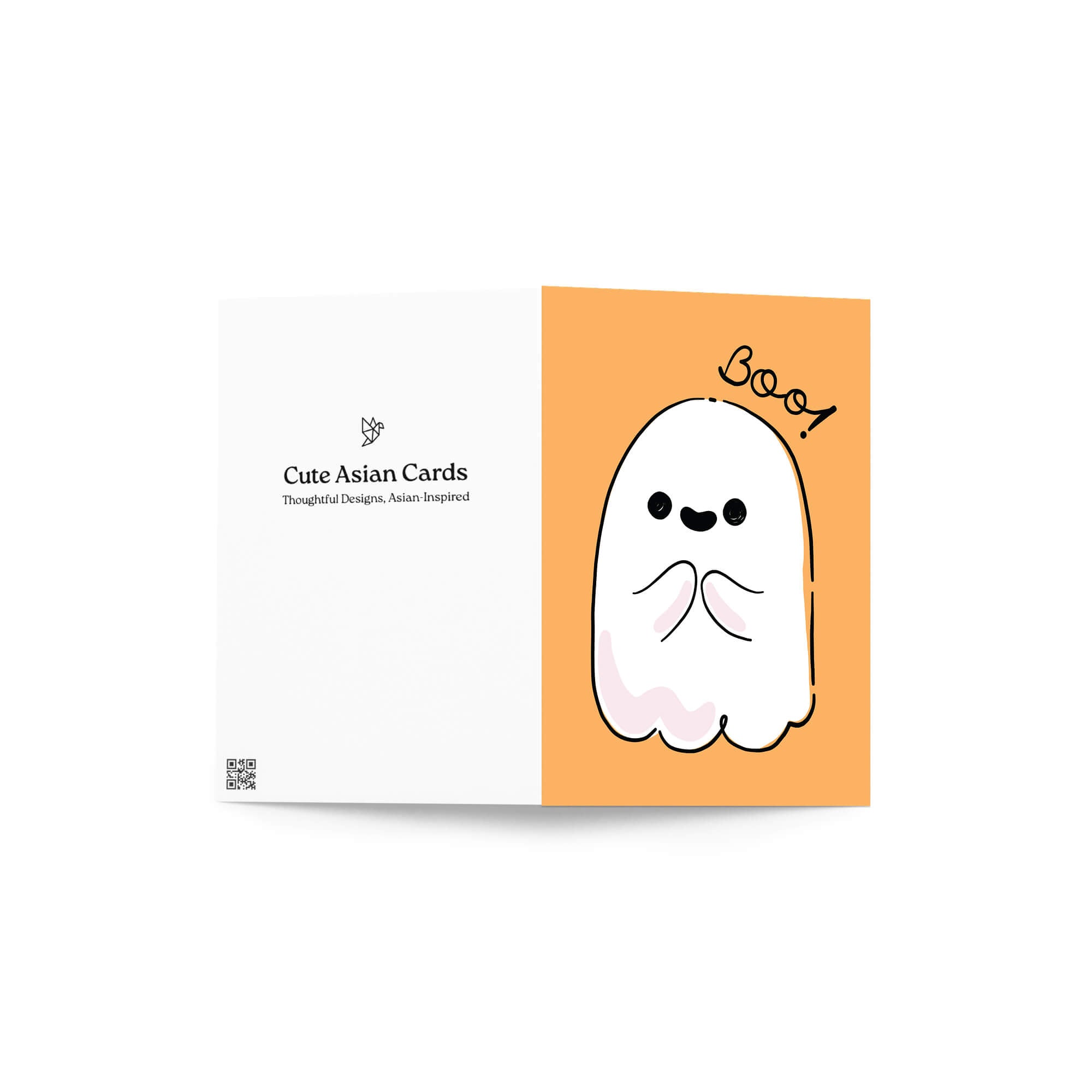 Halloween-themed card with a cute ghost illustration and 'Boo!' text on an orange background.