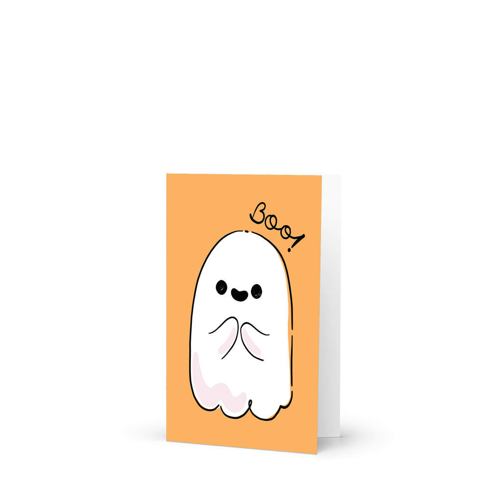 Halloween-themed card with a cute ghost illustration and 'Boo!' text on an orange background.