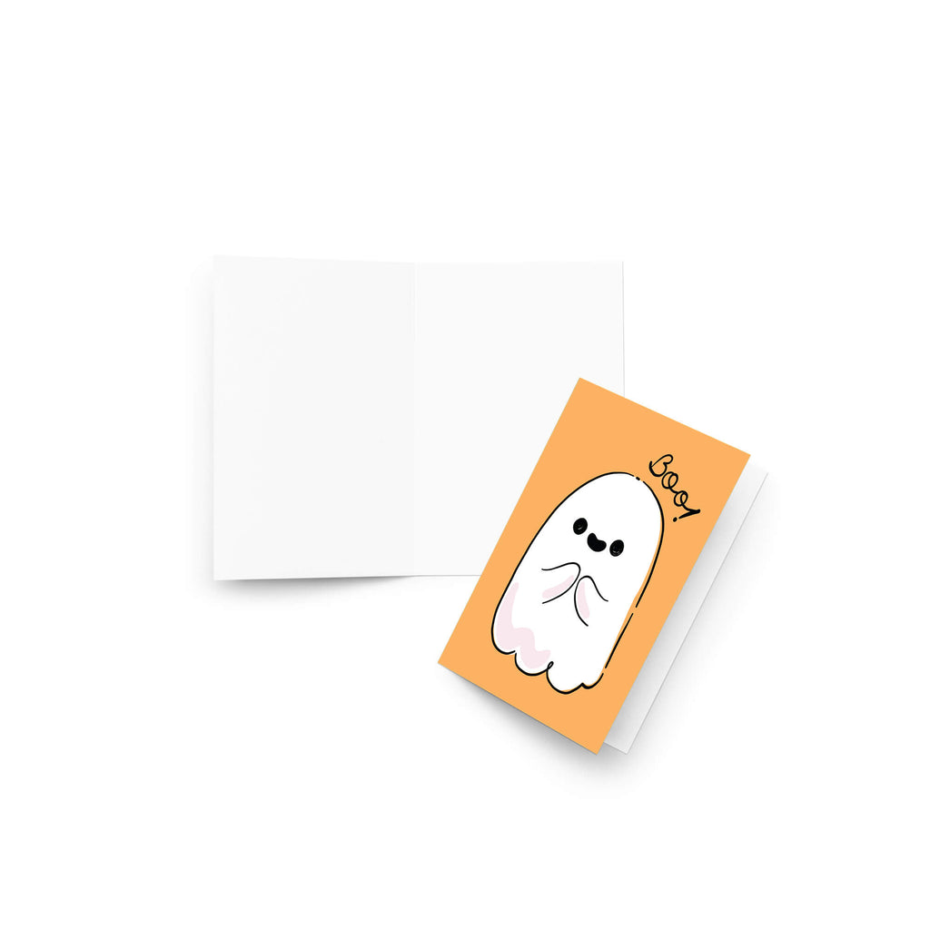 Halloween-themed card with a cute ghost illustration and 'Boo!' text on an orange background.