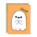 Halloween-themed card with a cute ghost illustration and 'Boo!' text on an orange background.