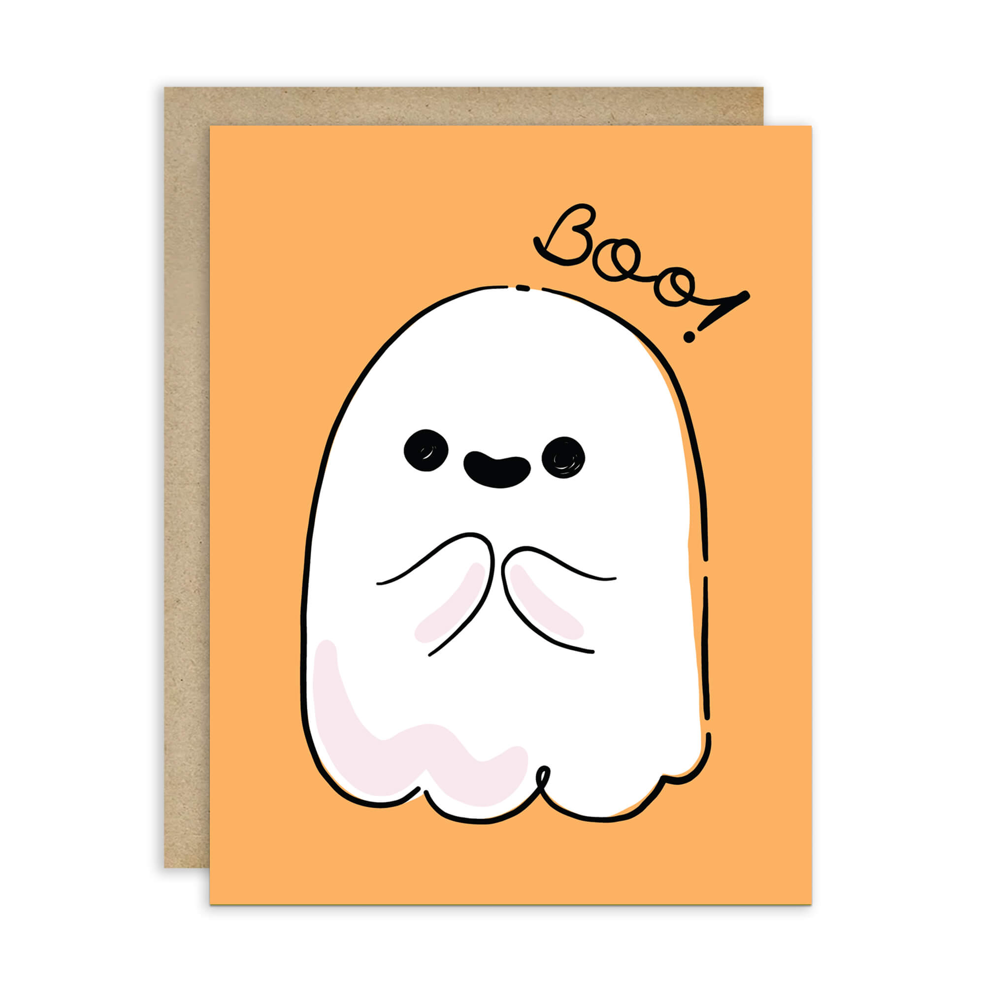 Halloween-themed card with a cute ghost illustration and 'Boo!' text on an orange background.