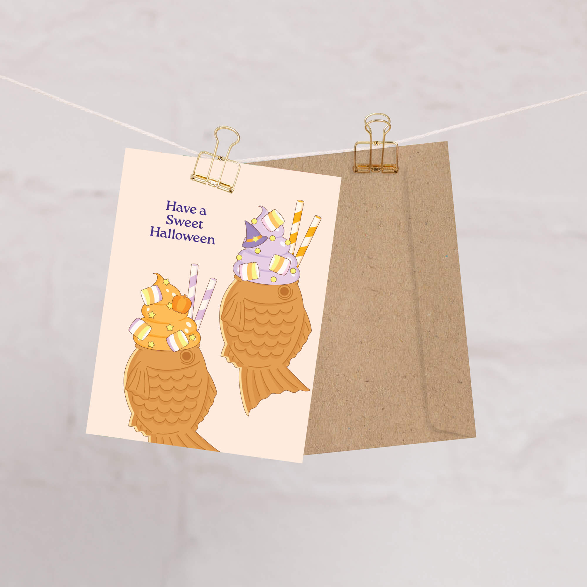 kawaii japanese Halloween-themed greeting card with ice cream taiyaki cones and text on a beige background, clipped to a string.