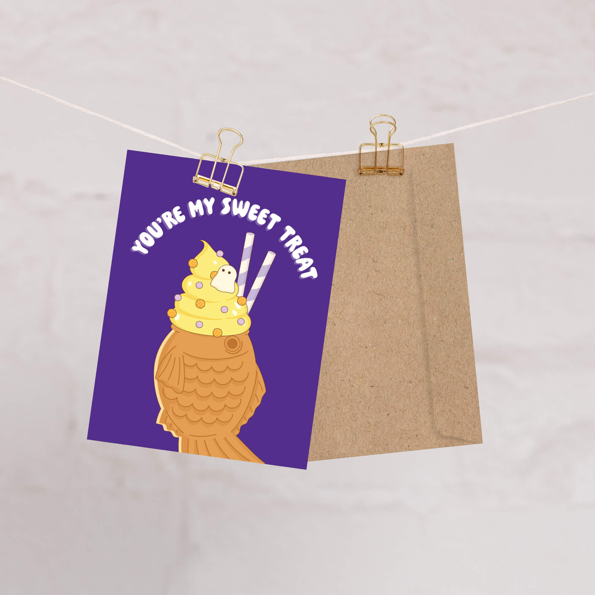 kawaii cute halloween Greeting card with ice cream taiyaki illustration and 'You're my sweet treat' text on a purple card