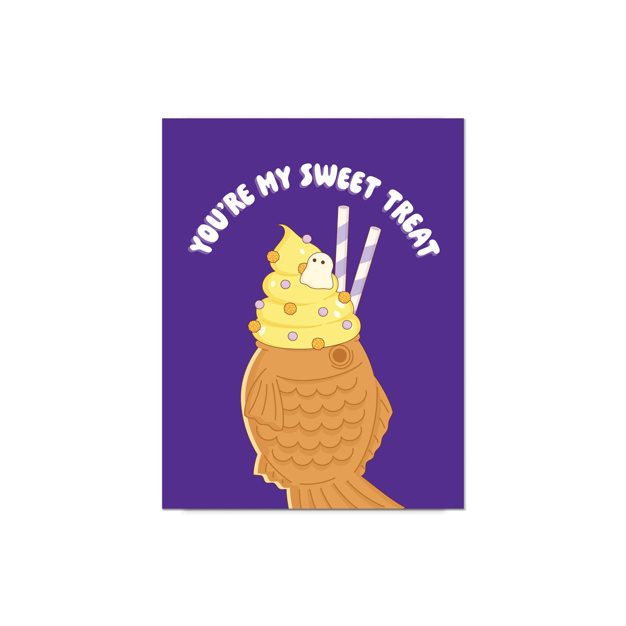 kawaii cute halloween Greeting card with ice cream taiyaki illustration and 'You're my sweet treat' text on a purple card