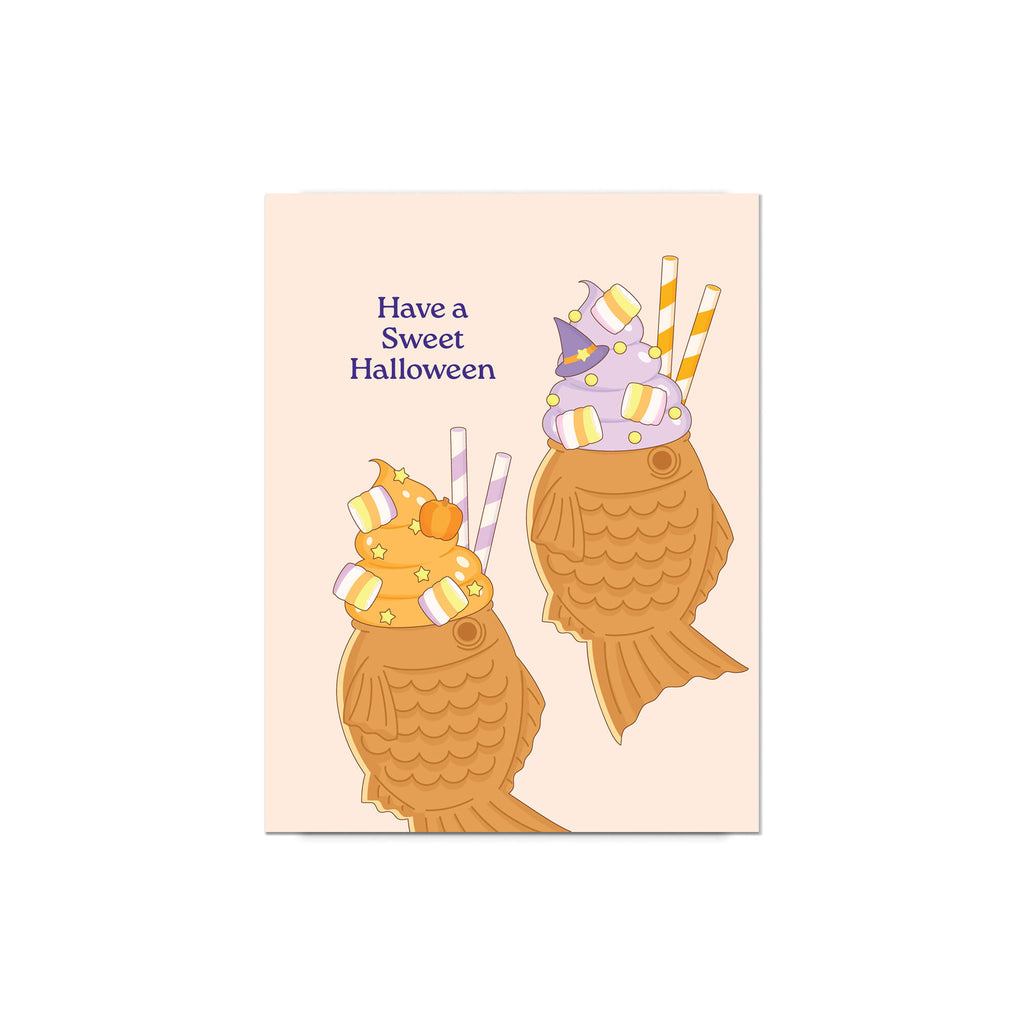 kawaii japanese Halloween-themed greeting card with ice cream taiyaki cones and text on a beige background, 