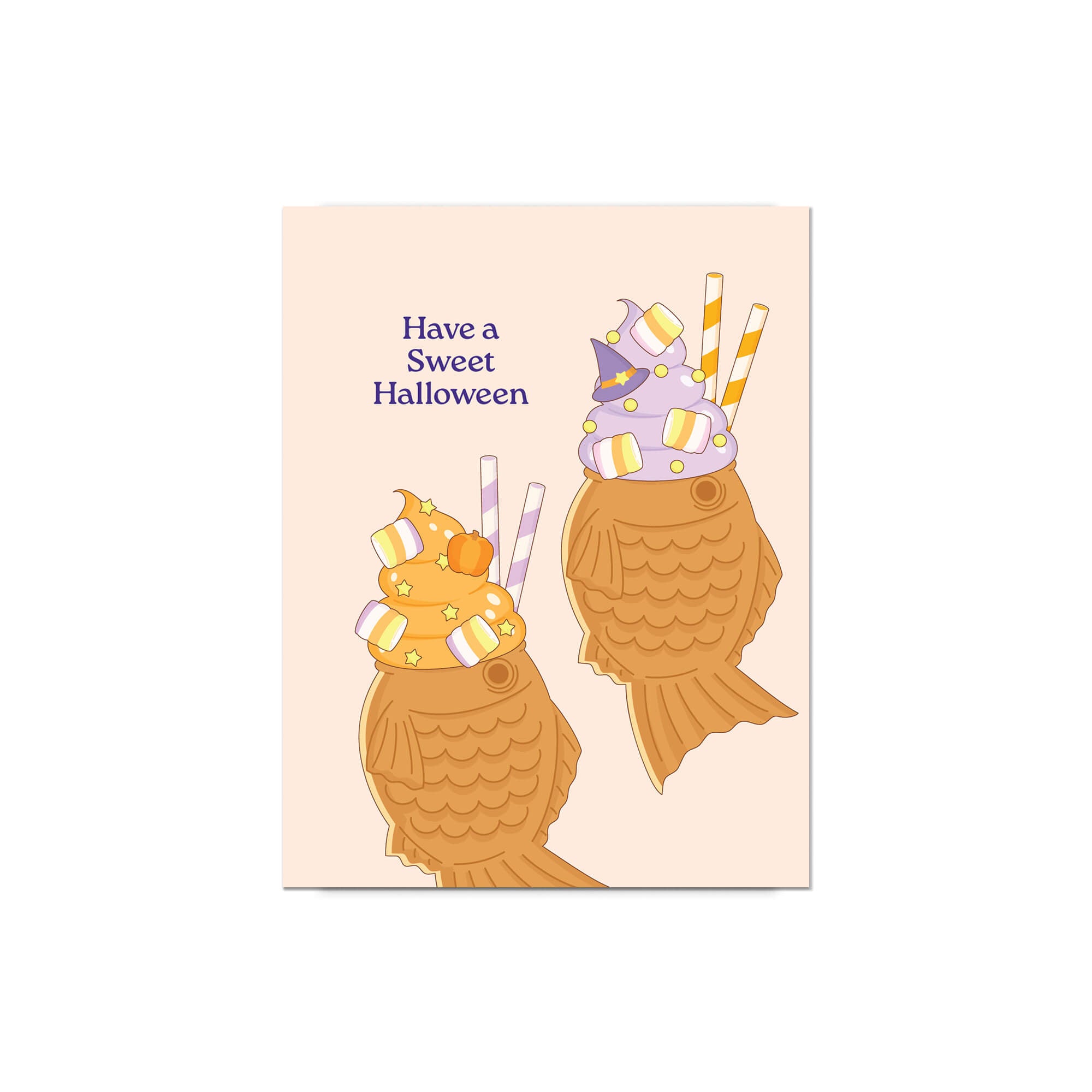 kawaii japanese Halloween-themed greeting card with ice cream taiyaki cones and text on a beige background, 