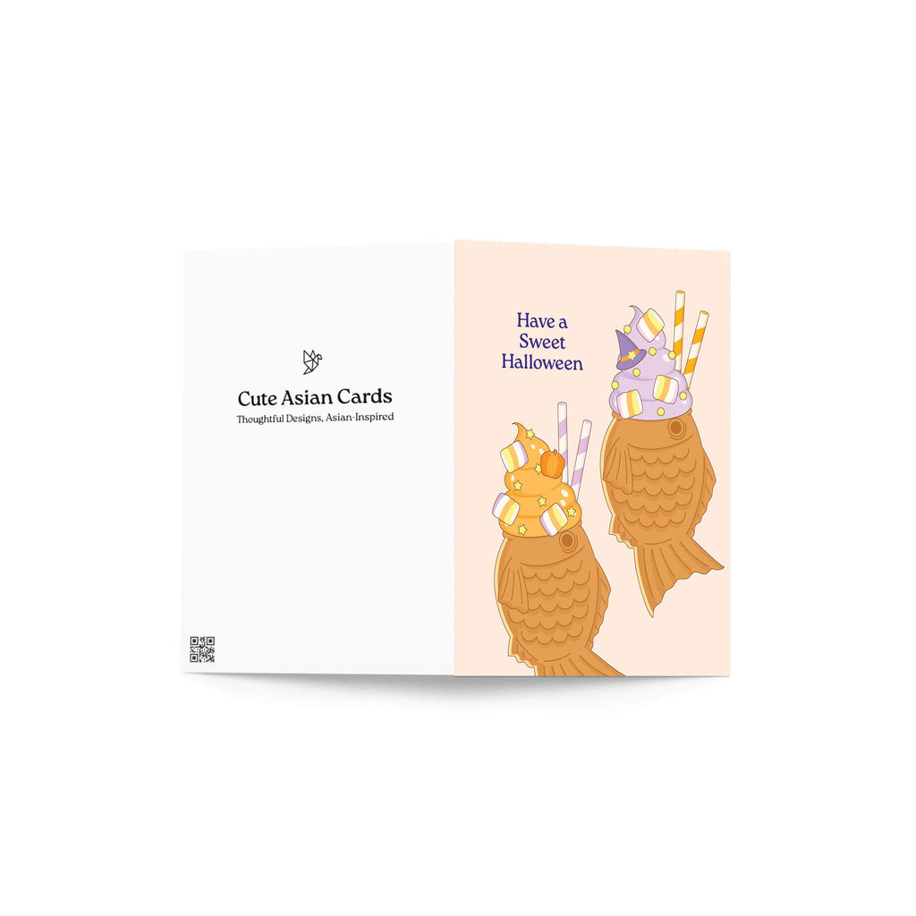 kawaii japanese Halloween-themed greeting card with ice cream taiyaki cones and text on a beige background, 