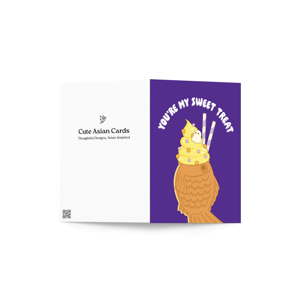 kawaii cute halloween Greeting card with ice cream taiyaki illustration and 'You're my sweet treat' text on a purple card