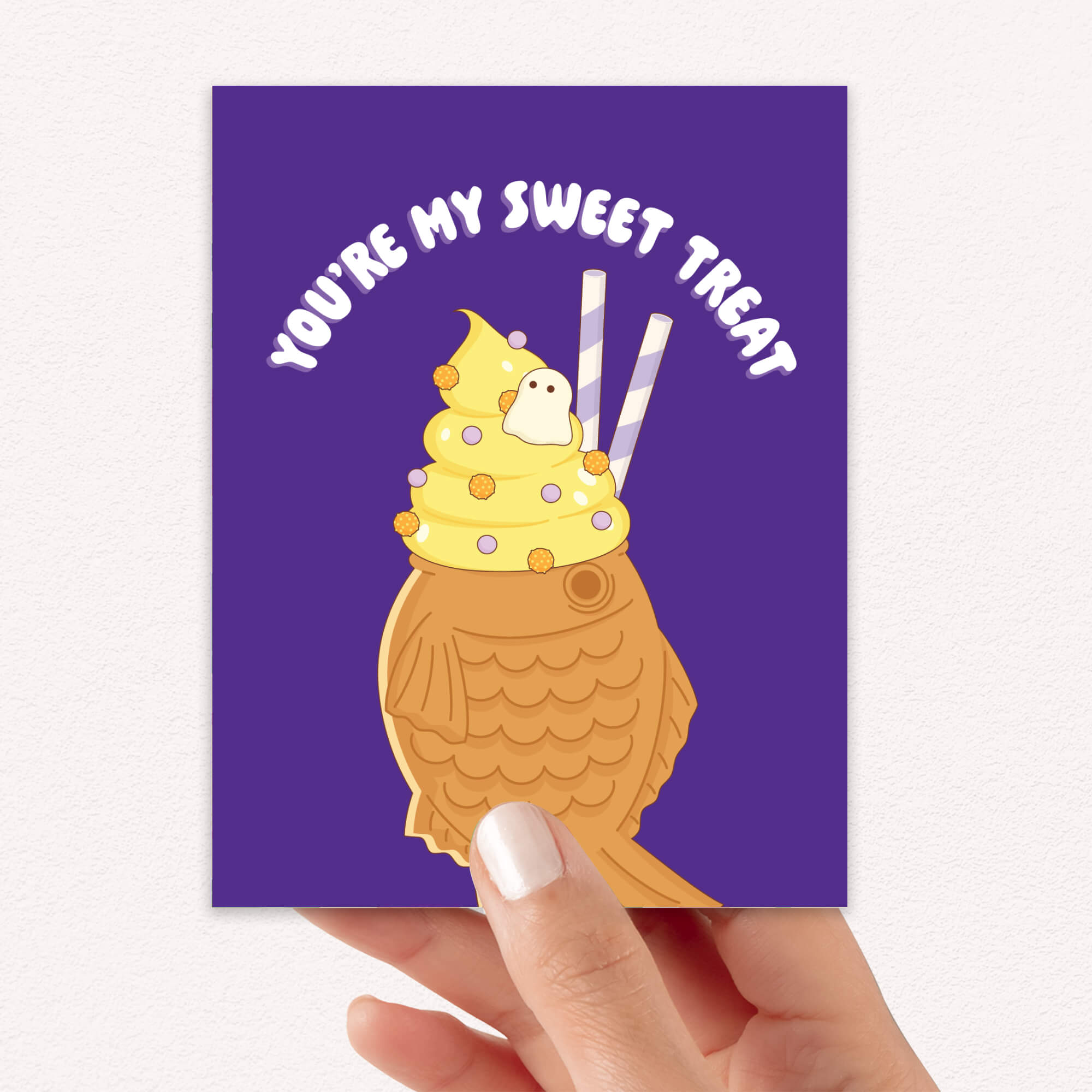 kawaii cute halloween Greeting card with ice cream taiyaki illustration and 'You're my sweet treat' text on a purple card