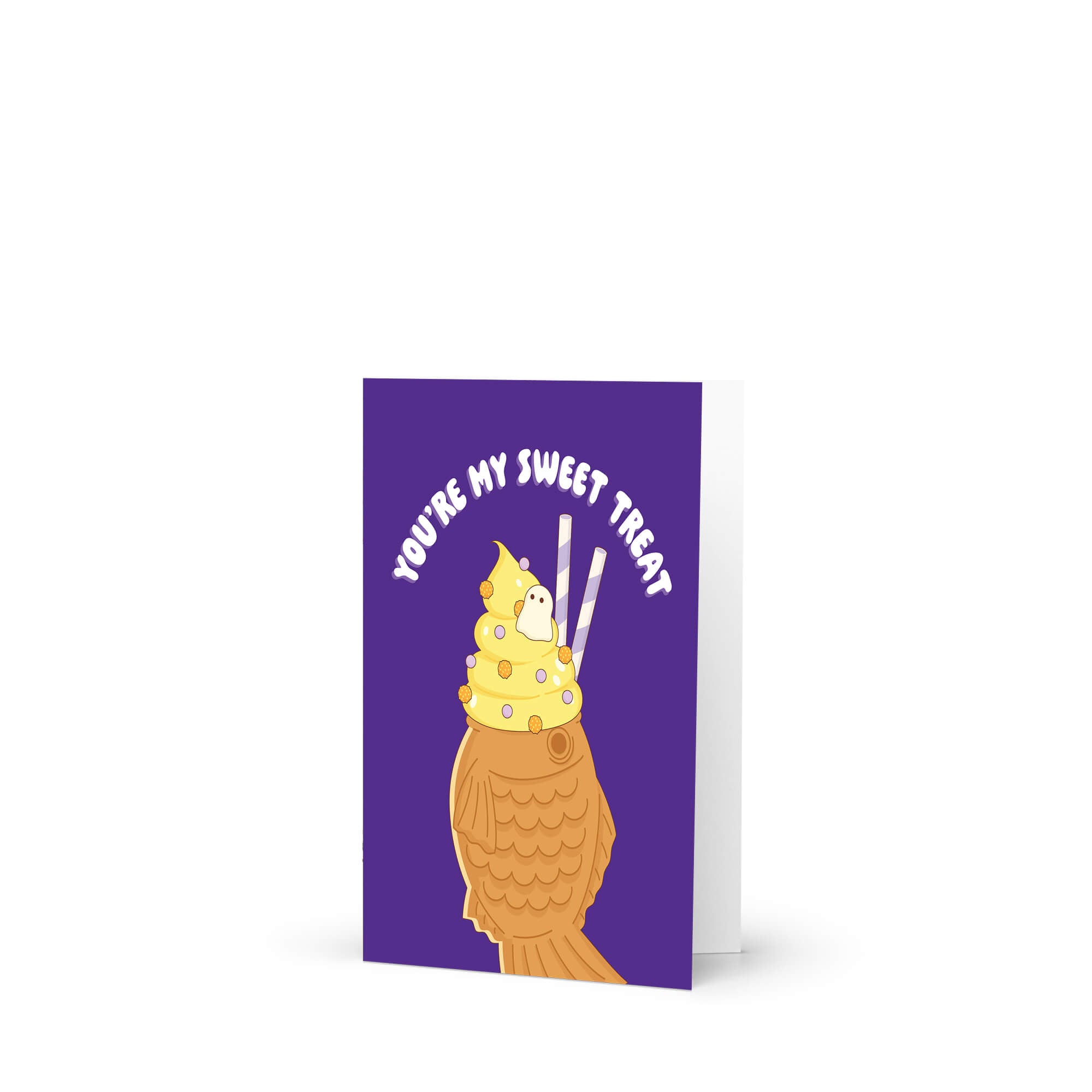 kawaii cute halloween Greeting card with ice cream taiyaki illustration and 'You're my sweet treat' text on a purple card
