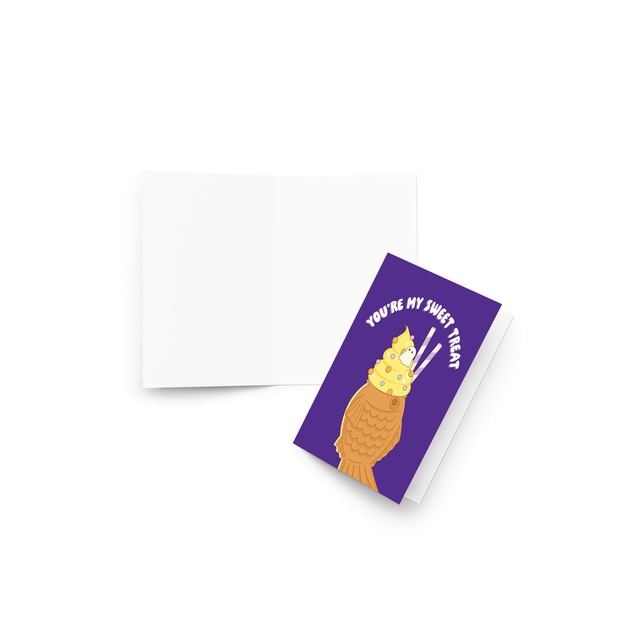 kawaii cute halloween Greeting card with ice cream taiyaki illustration and 'You're my sweet treat' text on a purple card