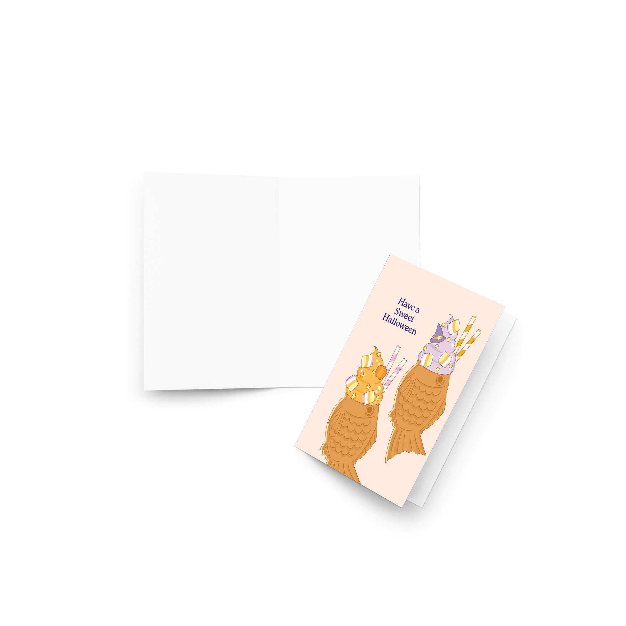 kawaii japanese Halloween-themed greeting card with ice cream taiyaki cones and text on a beige background, 