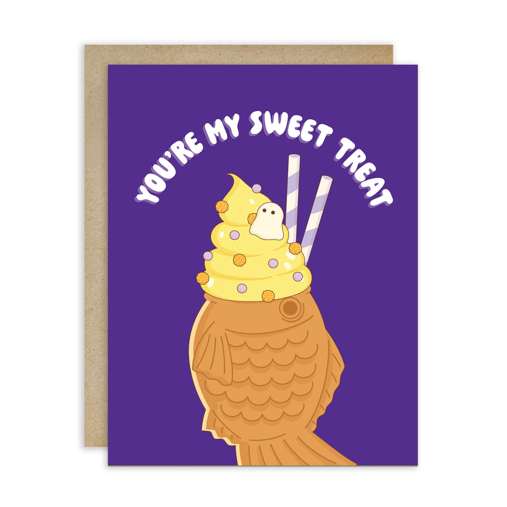 kawaii cute halloween Greeting card with ice cream taiyaki illustration and 'You're my sweet treat' text on a purple card