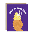kawaii cute halloween Greeting card with ice cream taiyaki illustration and 'You're my sweet treat' text on a purple card
