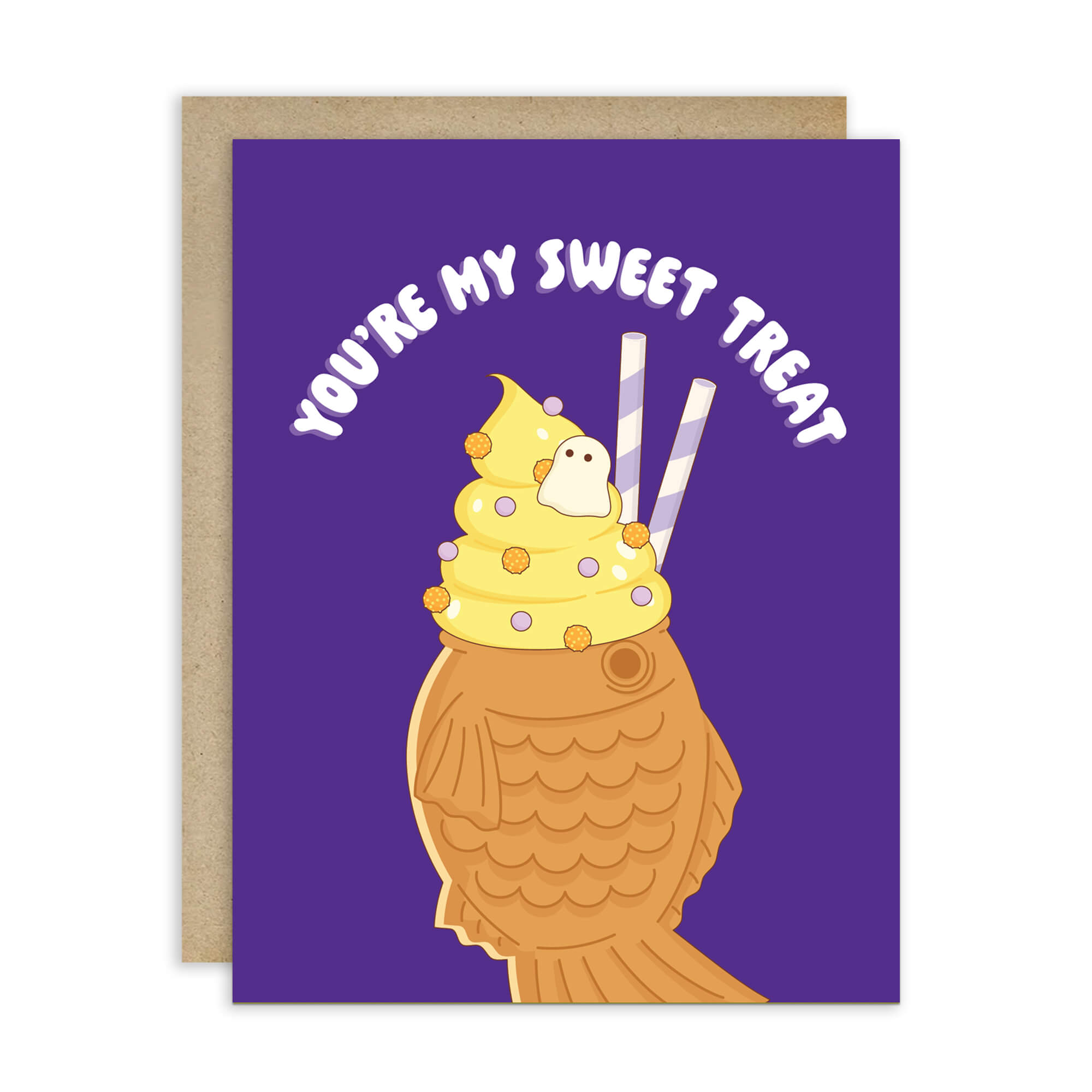 kawaii cute halloween Greeting card with ice cream taiyaki illustration and 'You're my sweet treat' text on a purple card