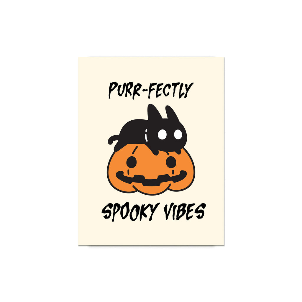 Halloween-themed card with a pumpkin and cat illustration and text on a beige background