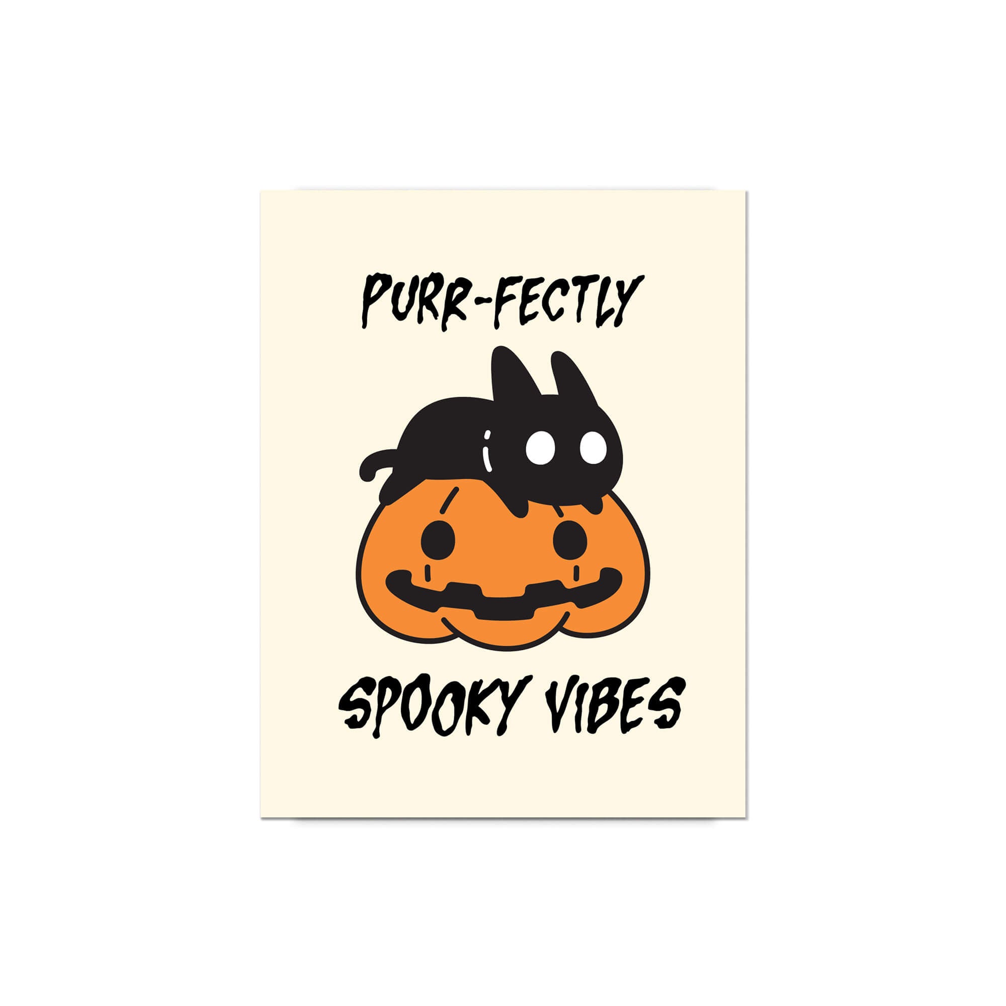 Halloween-themed card with a pumpkin and cat illustration and text on a beige background