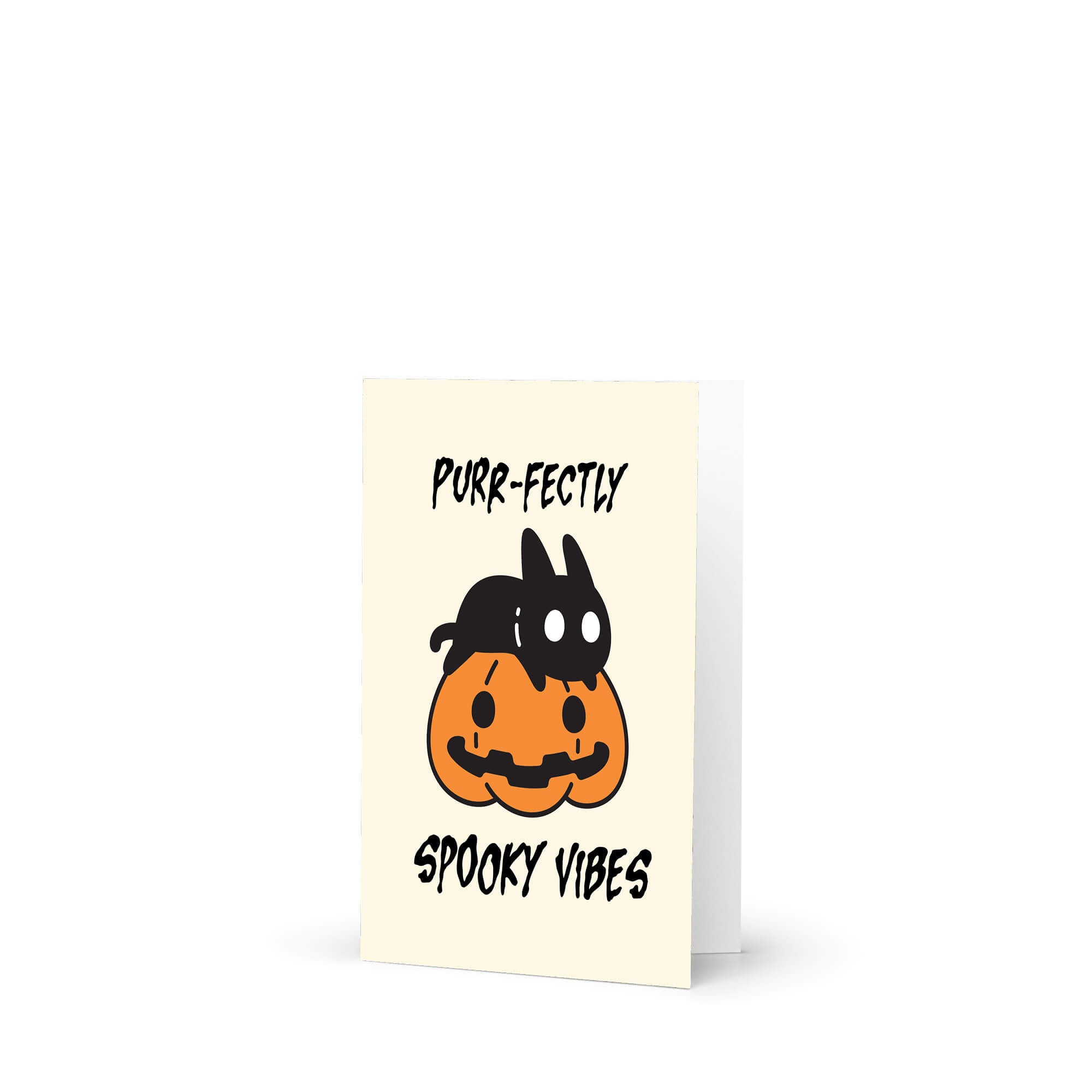 Halloween-themed greeting card with a cat on a pumpkin and text 'Purr-fectly Spooky Vibes' on a white background.