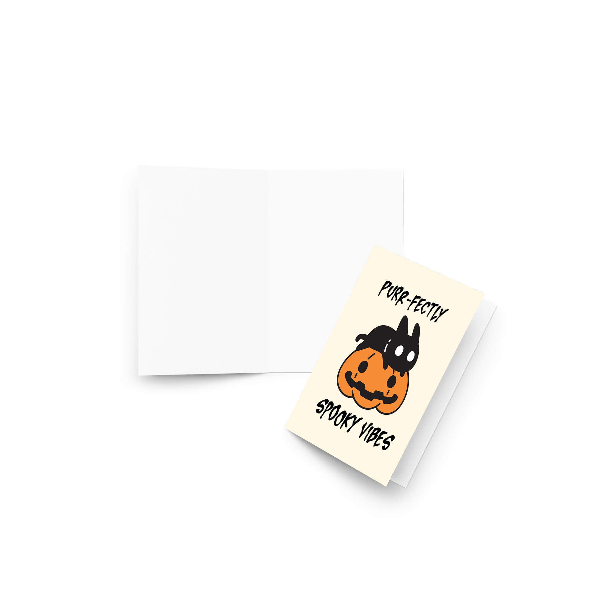Halloween-themed greeting card with a pumpkin and text on a white background