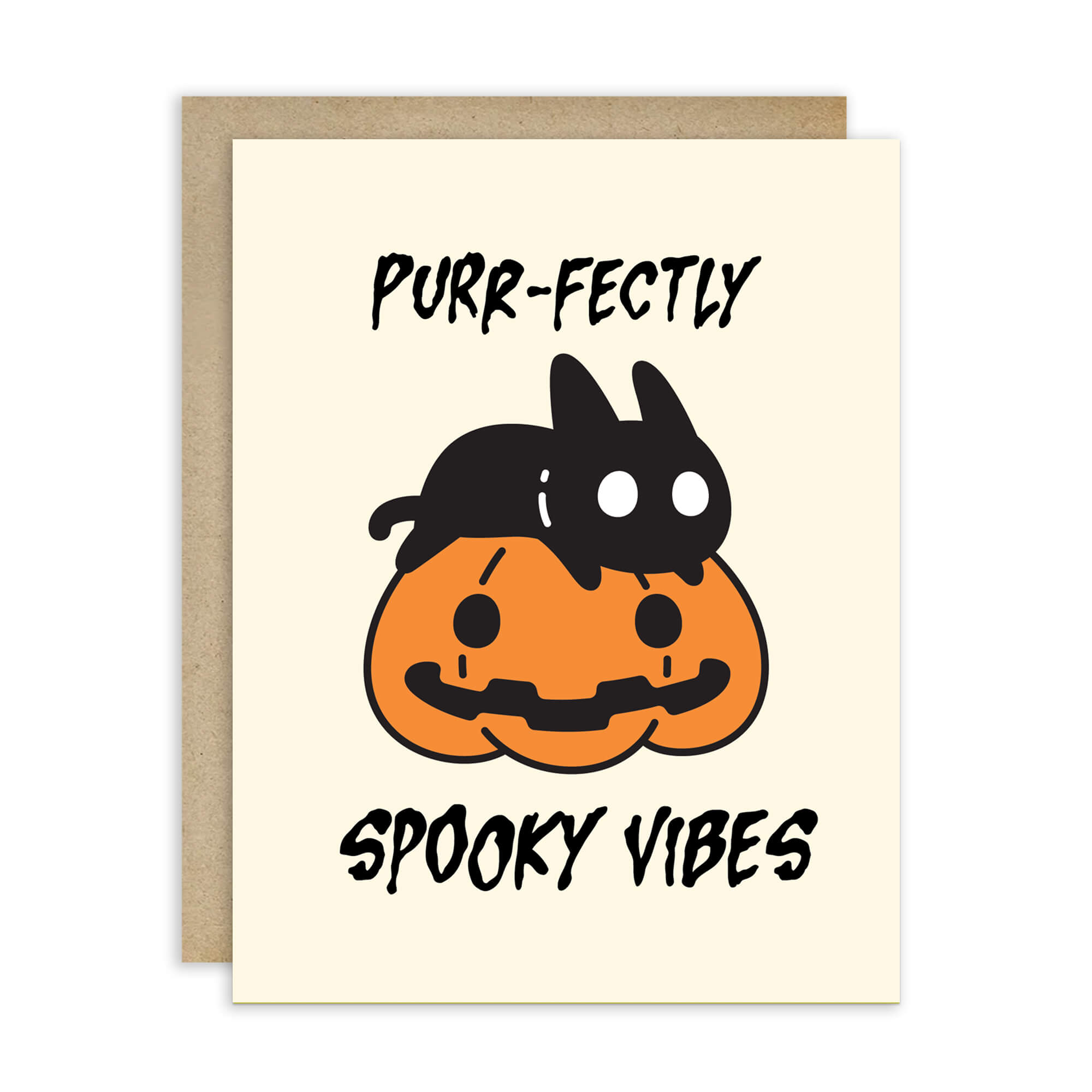 Halloween-themed greeting card with a black cat on an orange pumpkin and text 'Purr-fectly Spooky Vibes'.