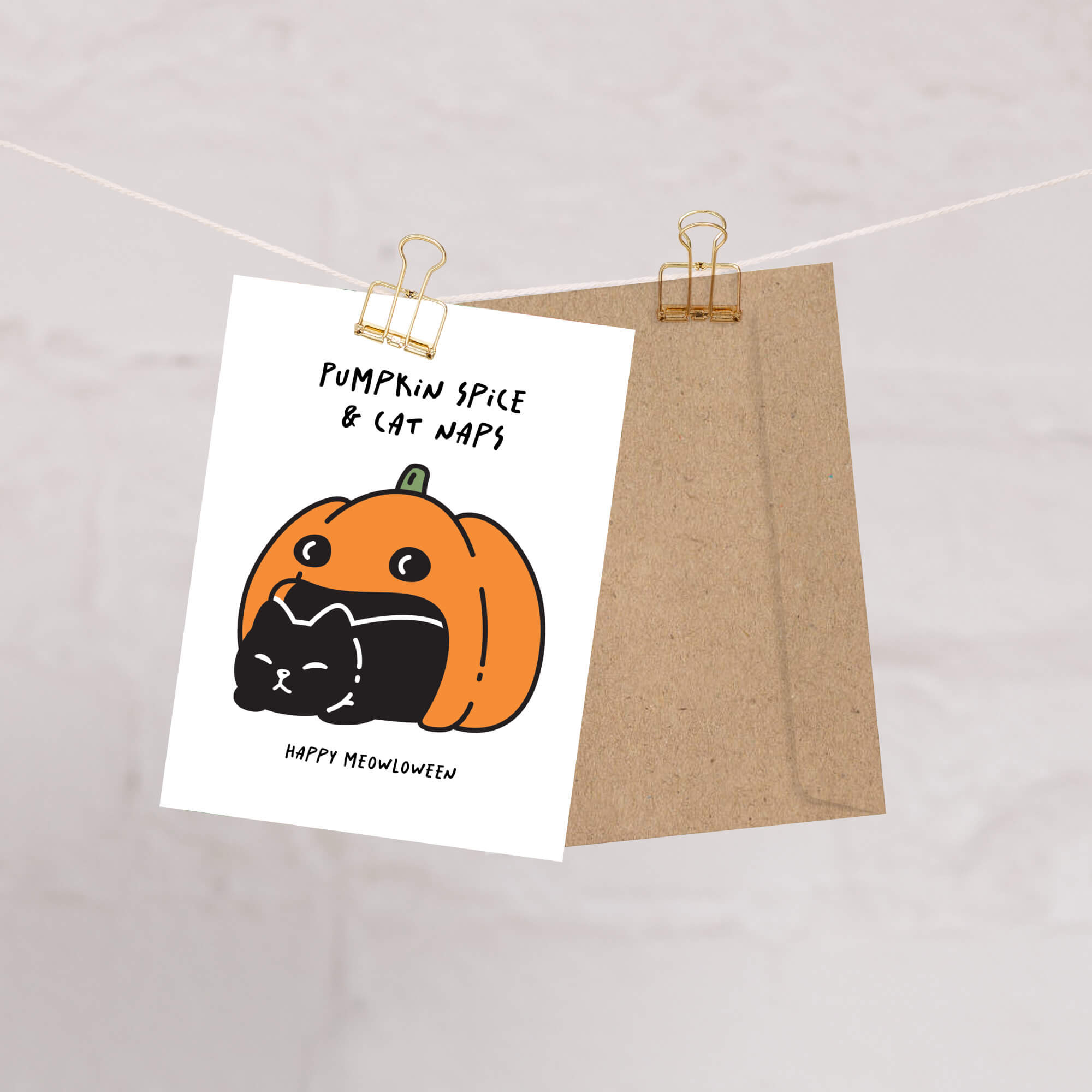cute halloween Greeting card with a pumpkin and cat illustration and text 'Pumpkin Spice & Cat Naps, Happy Meowloween' on a white background.