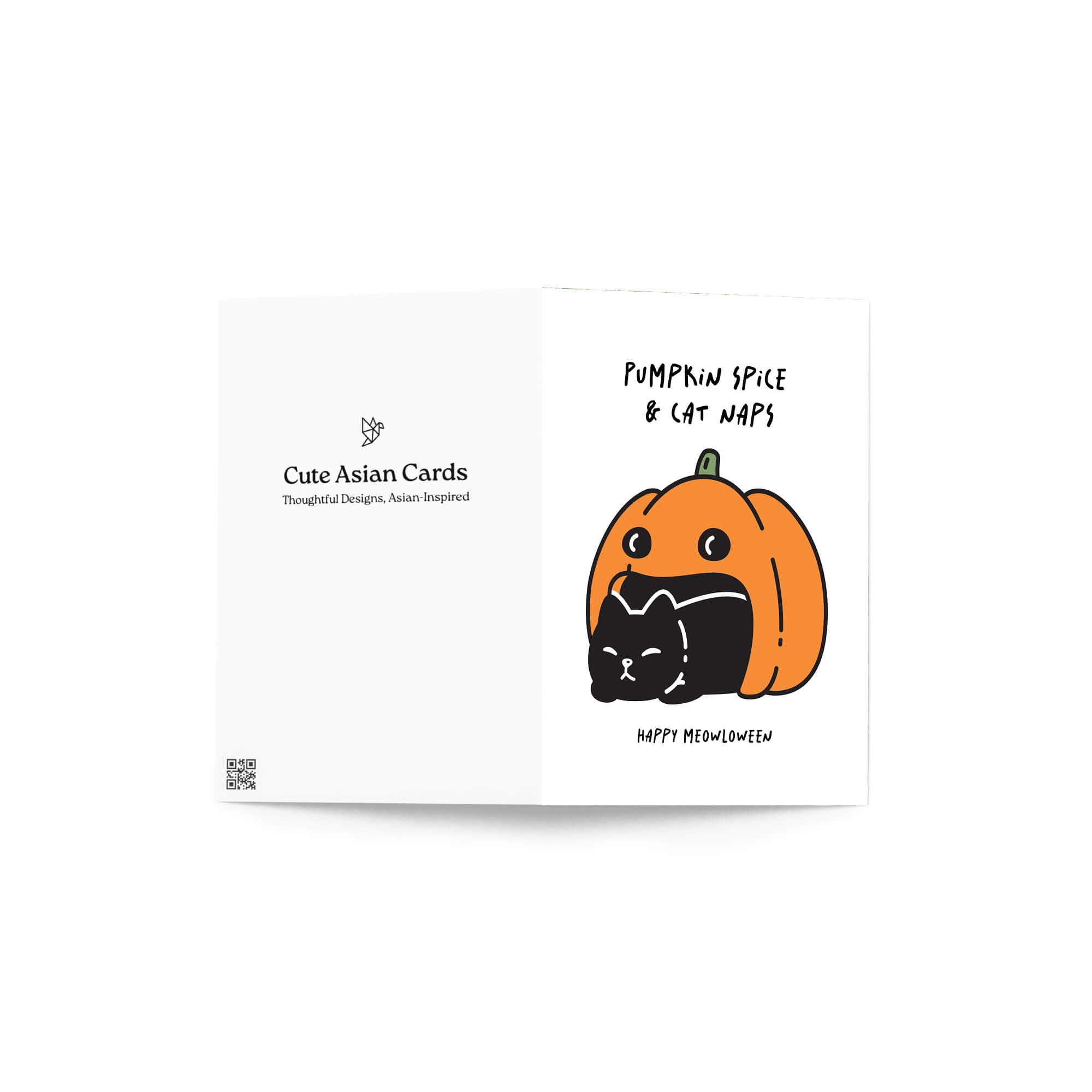 cute halloween Greeting card with a pumpkin and cat illustration and text 'Pumpkin Spice & Cat Naps, Happy Meowloween' on a white background.