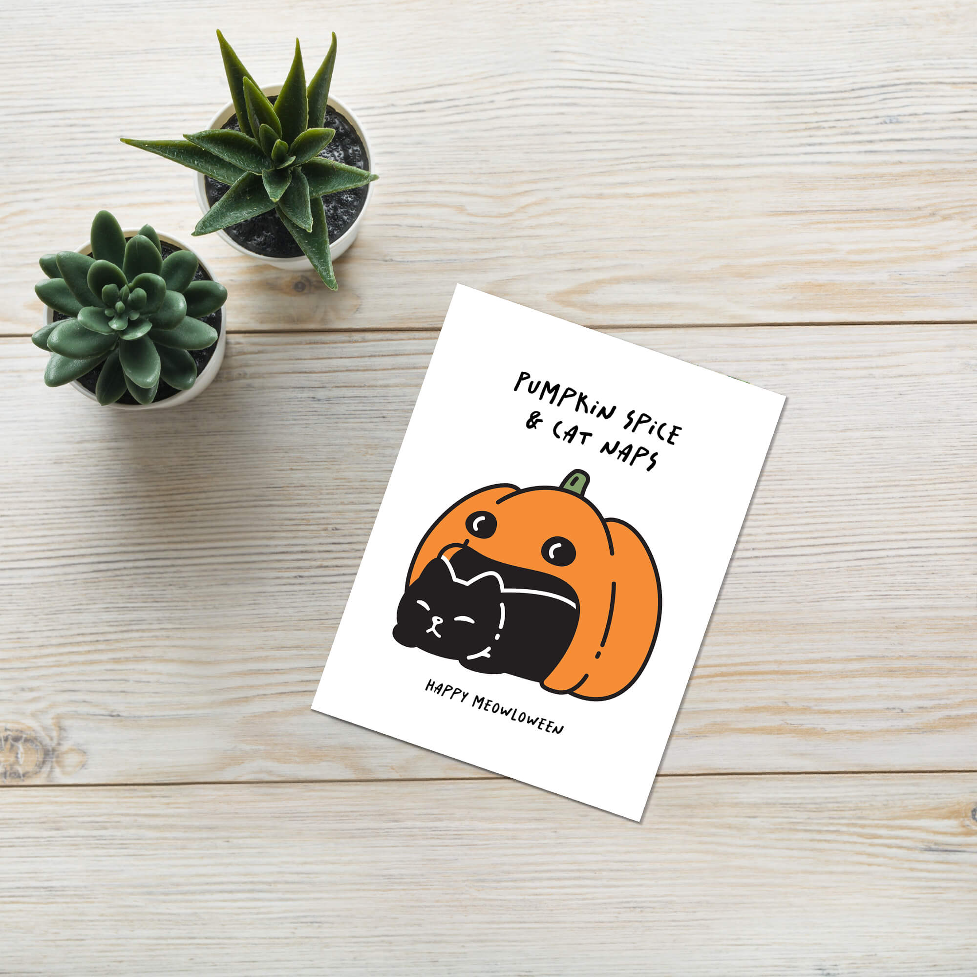 cute halloween Greeting card with a pumpkin and cat illustration and text 'Pumpkin Spice & Cat Naps, Happy Meowloween' on a white background.