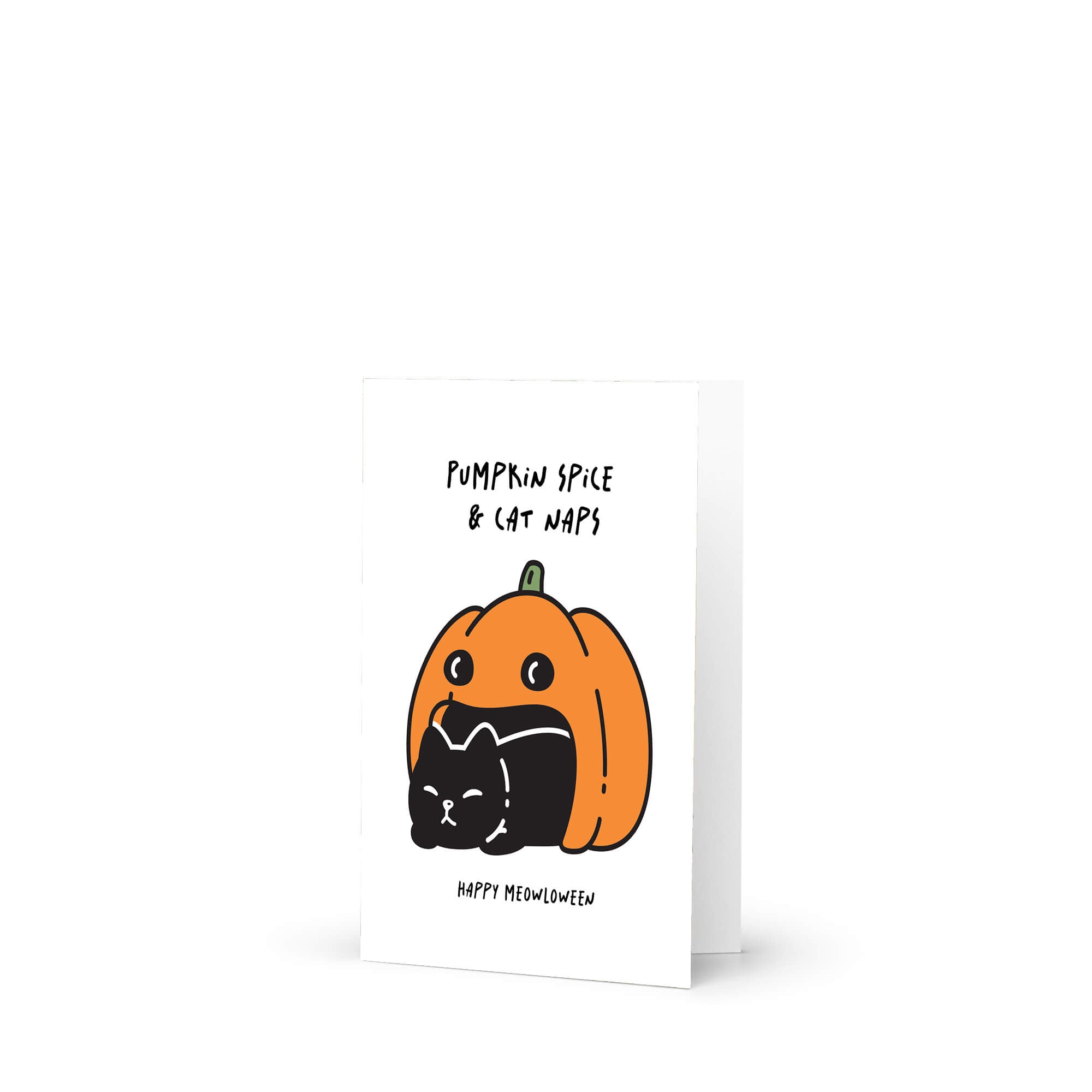 cute halloween Greeting card with a pumpkin and cat illustration and text 'Pumpkin Spice & Cat Naps, Happy Meowloween' on a white background.