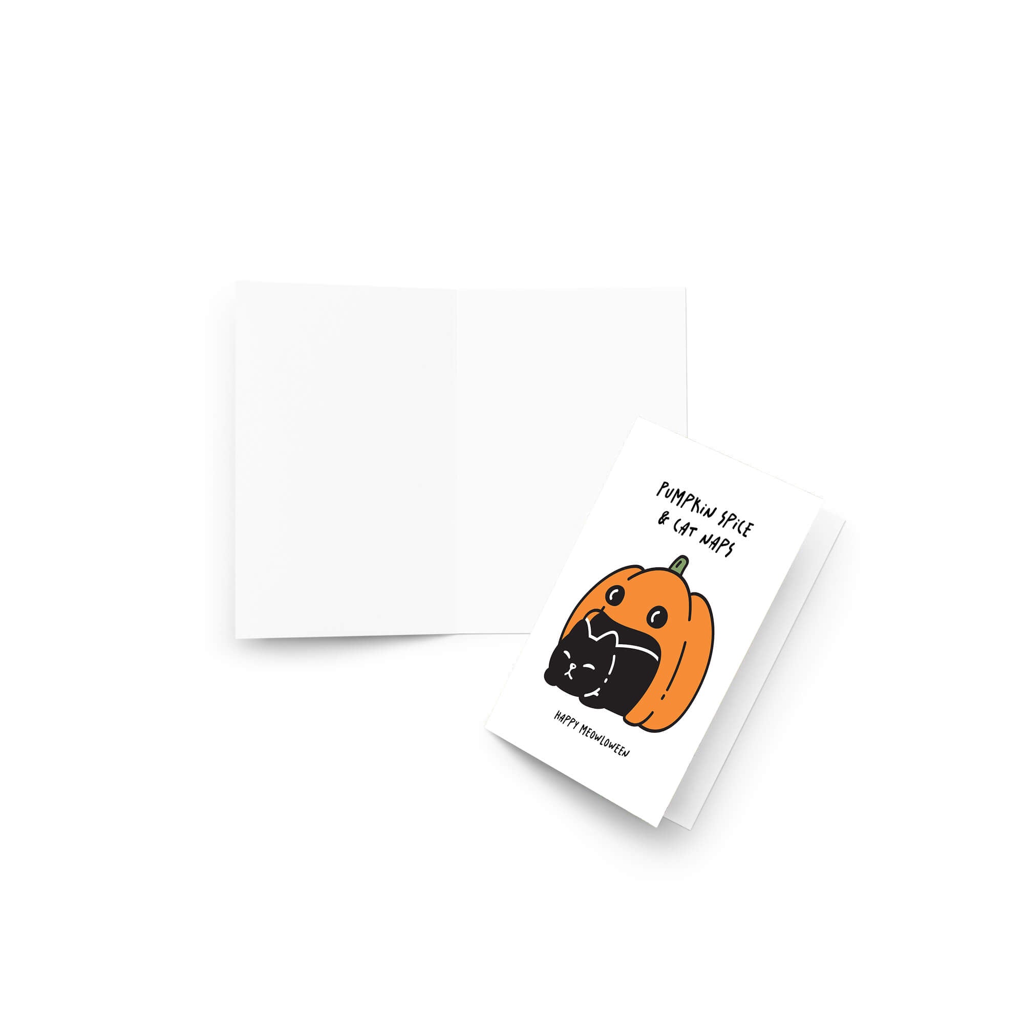 cute halloween Greeting card with a pumpkin and cat illustration and text 'Pumpkin Spice & Cat Naps, Happy Meowloween' on a white background.