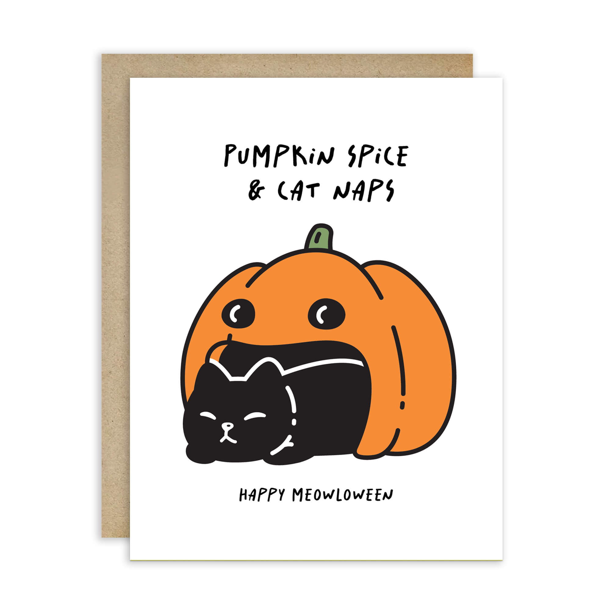 cute halloween Greeting card with a pumpkin and cat illustration and text 'Pumpkin Spice & Cat Naps, Happy Meowloween' on a white background.