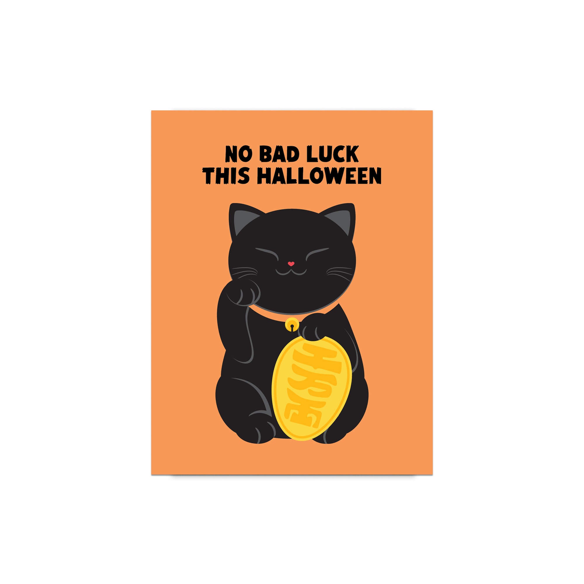 cute halloween Greeting card with a black cat holding a gold coin and 'No Bad Luck This Halloween' text on an orange background.