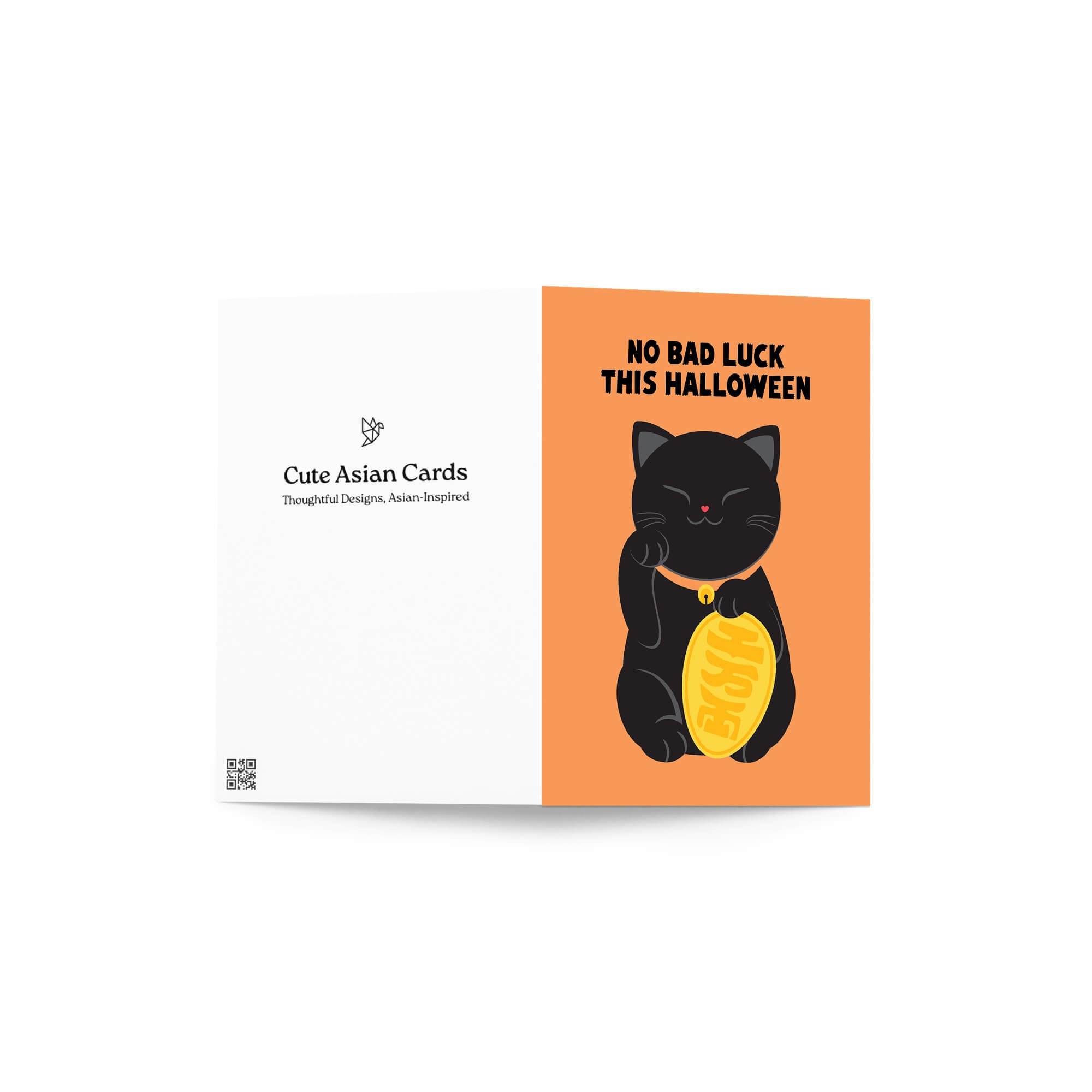 cute halloween Greeting card with a black cat holding a gold coin and 'No Bad Luck This Halloween' text on an orange background.