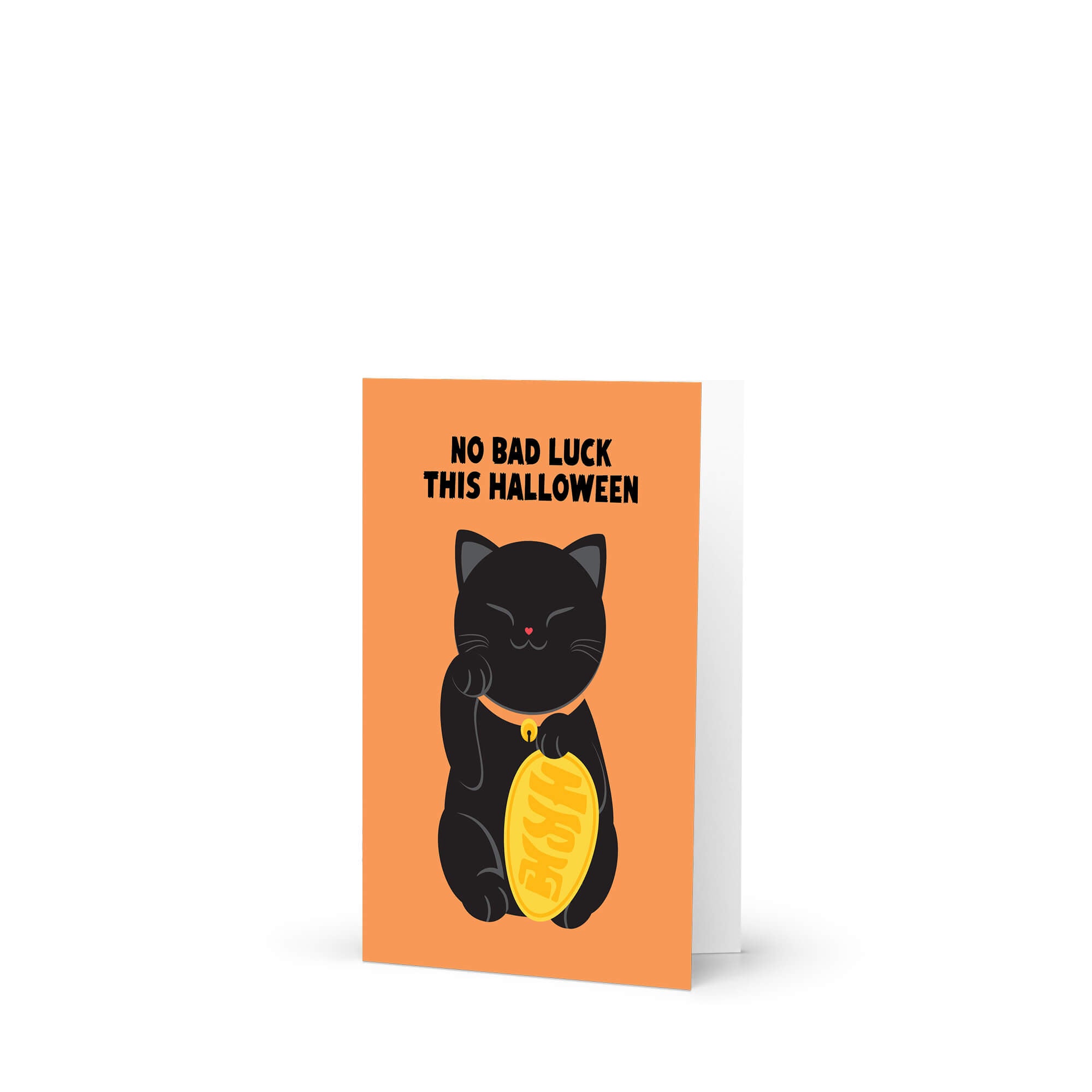 cute halloween Greeting card with a black cat holding a gold coin and 'No Bad Luck This Halloween' text on an orange background.