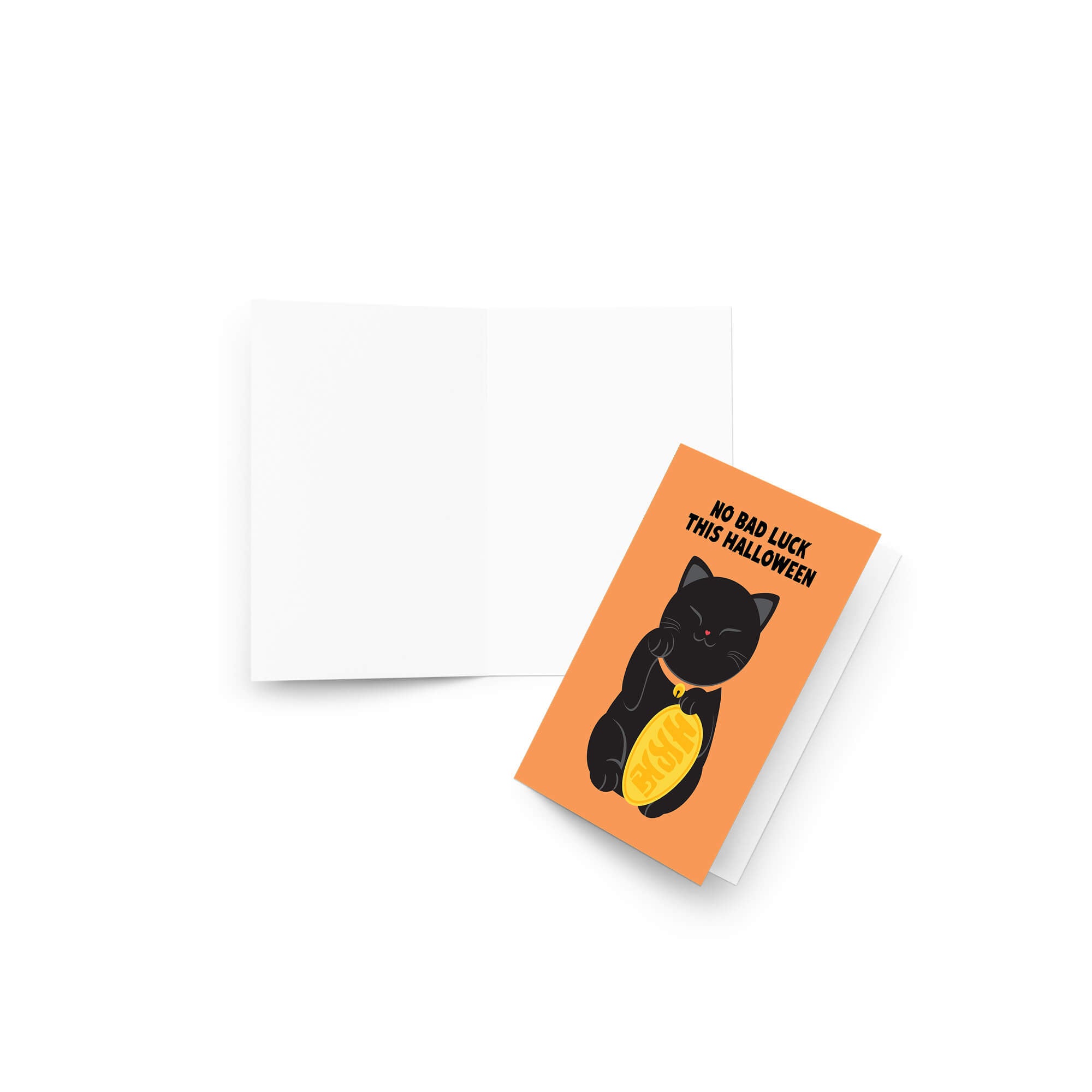 cute halloween Greeting card with a black cat holding a gold coin and 'No Bad Luck This Halloween' text on an orange background.