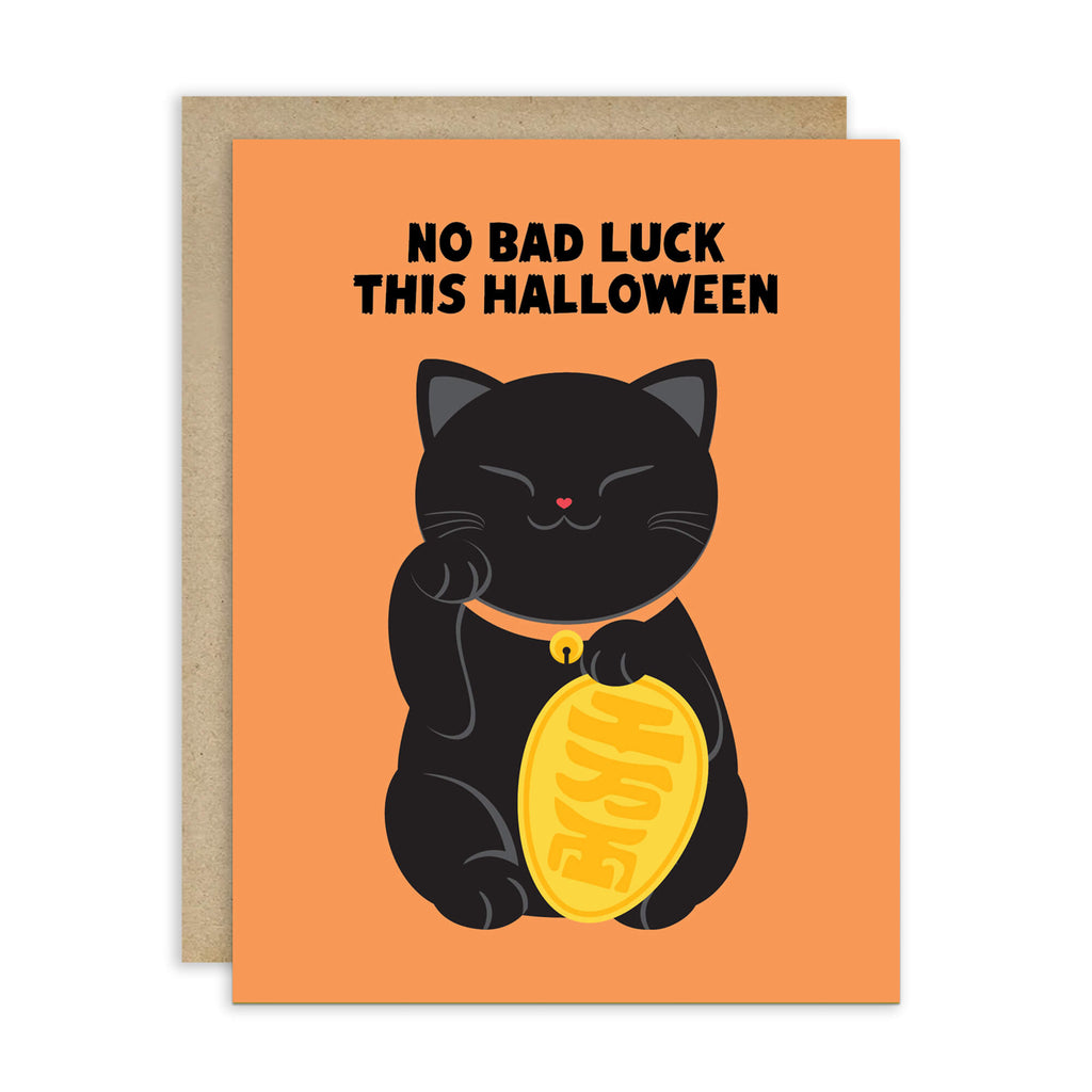 cute halloween Greeting card with a black cat holding a gold coin and 'No Bad Luck This Halloween' text on an orange background.